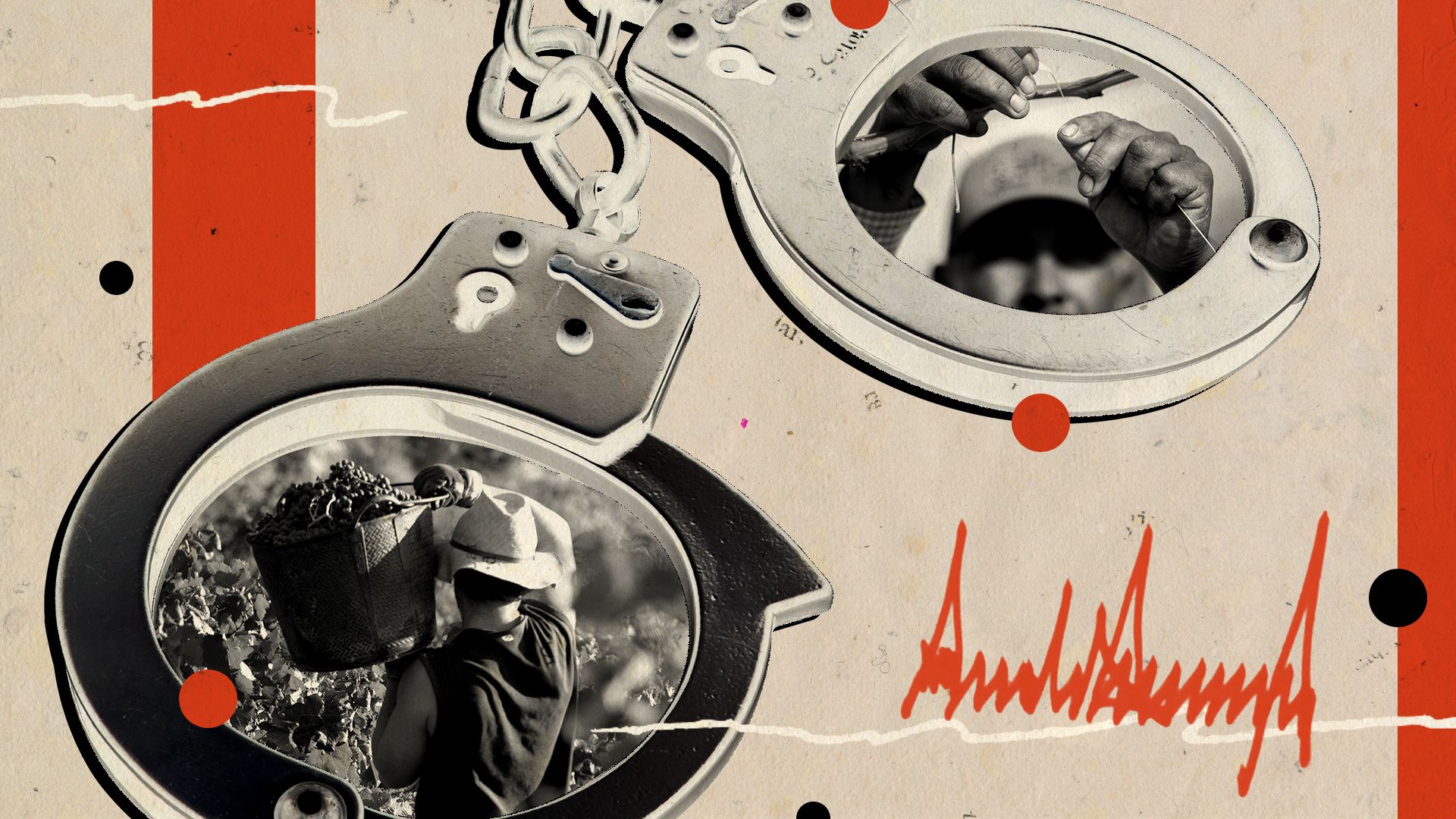 Photo illustration of a pair of handcuffs with images of agricultural workers inside, collaged with abstract shapes and Trump's signature.