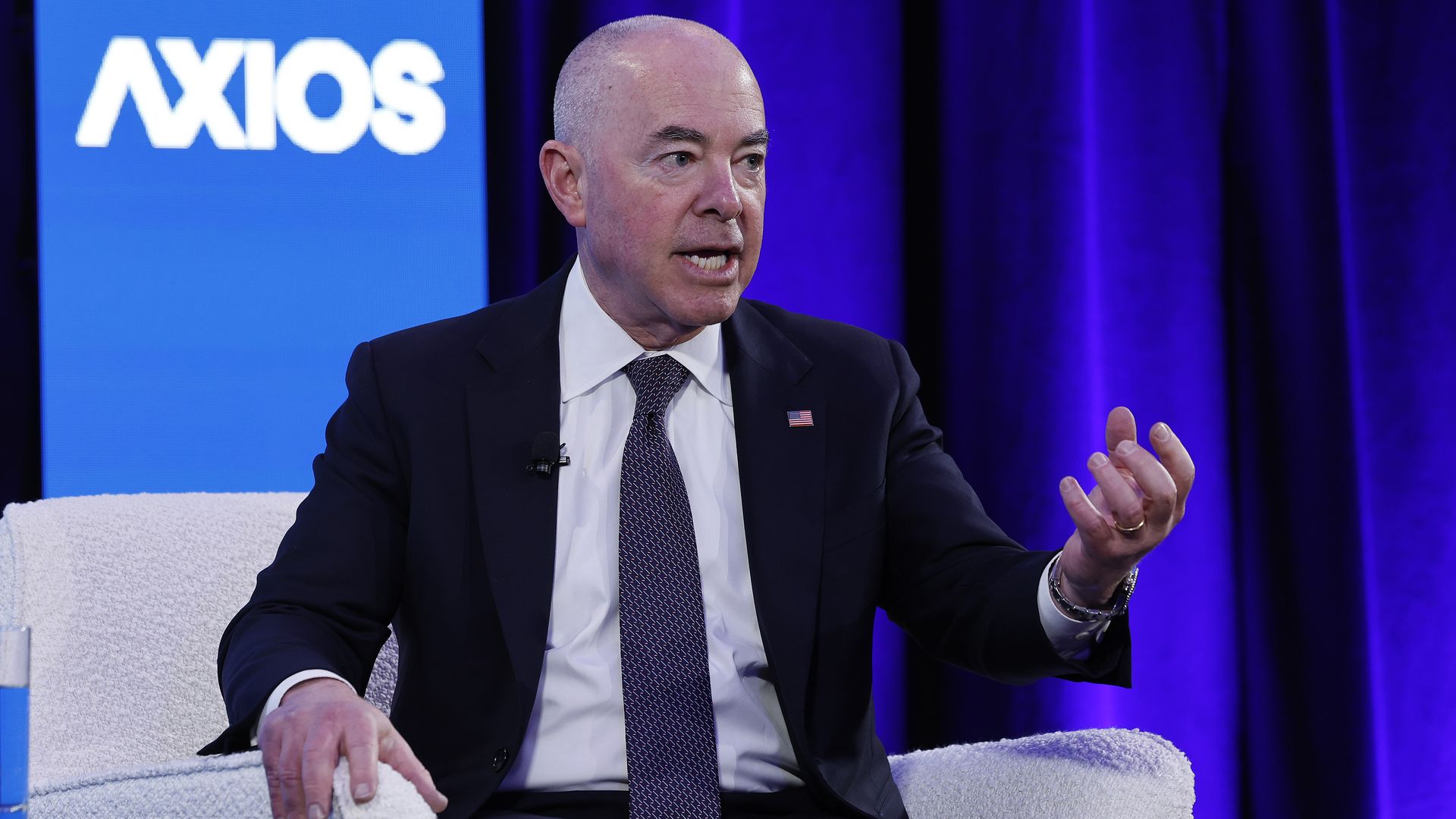 Homeland Security Secretary Alejandro Mayorkas speaks during the third annual Axios What's Next Summit at the Planet Word Museum on March 19, 2024 in Washington, DC.
