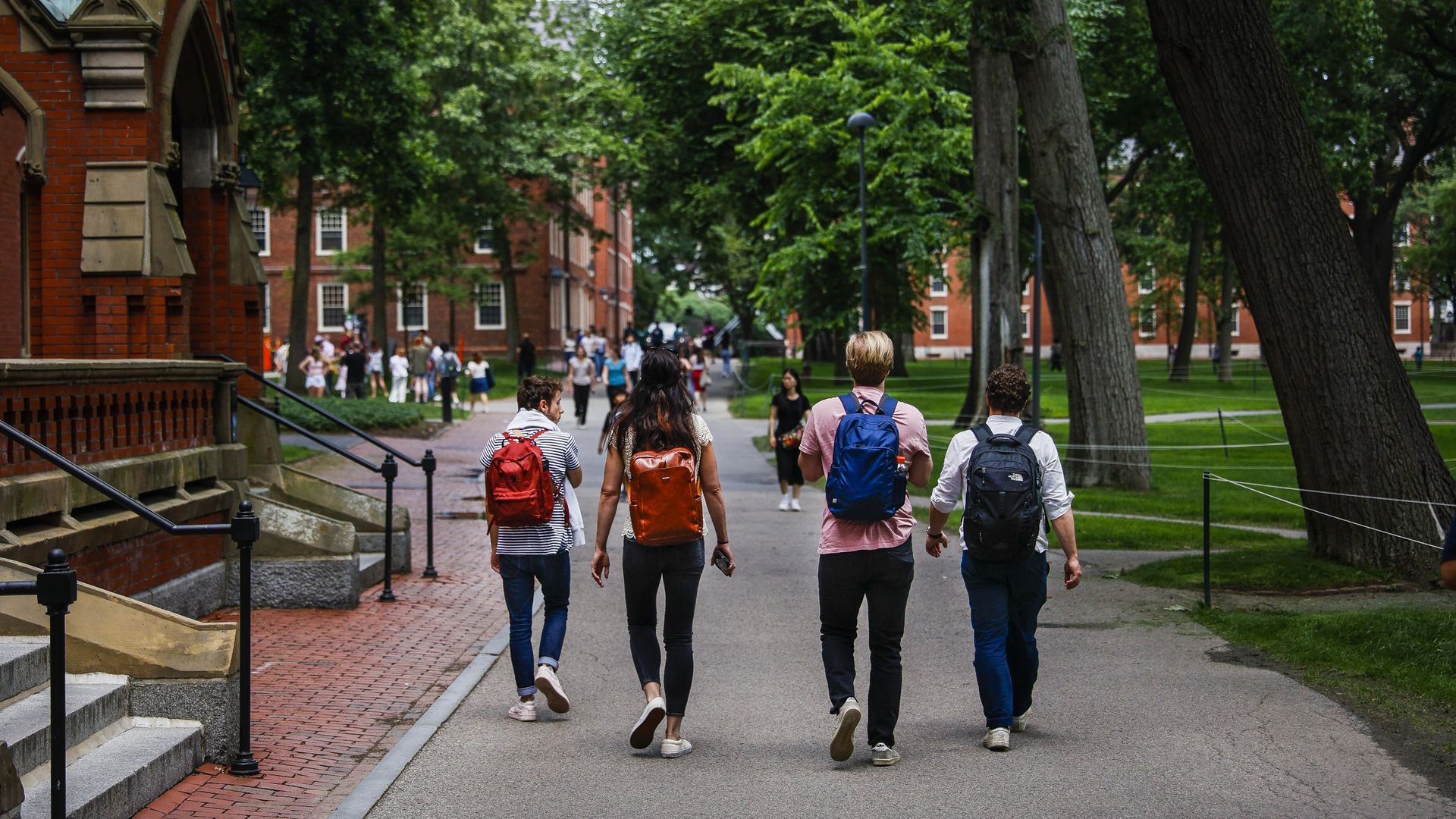 People walks through Harvard's campus.