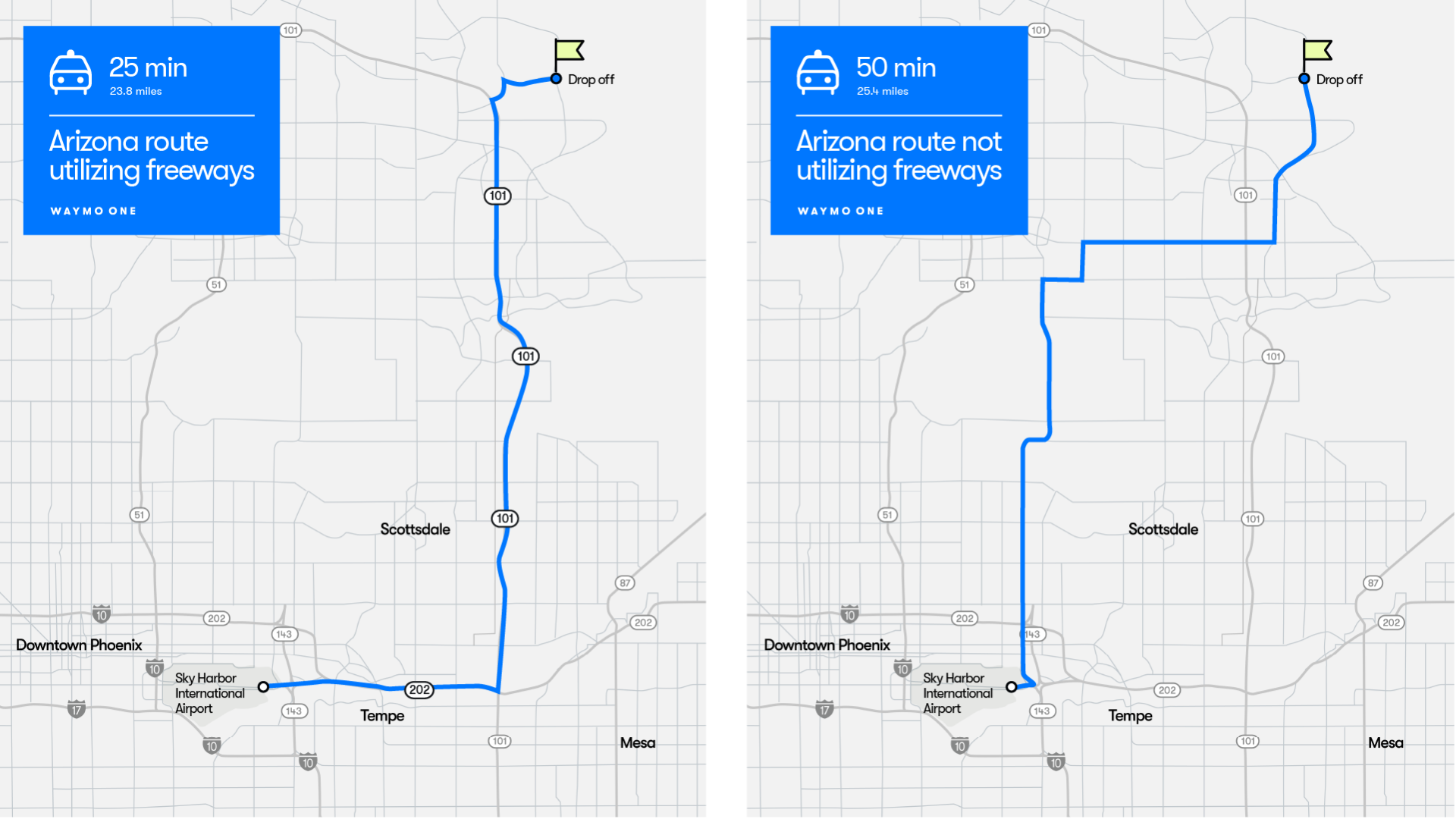 A side by side of two maps showing distance using freeways and surface streets.
