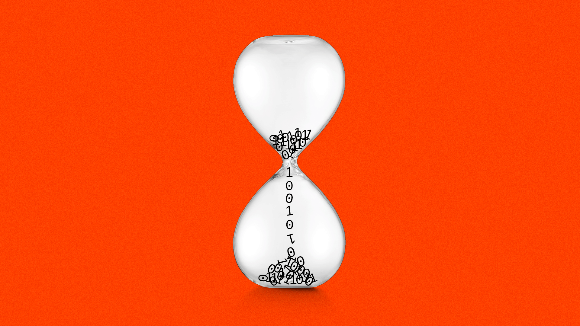 Illustration of 1s and 0s falling slowly through an hourglass.