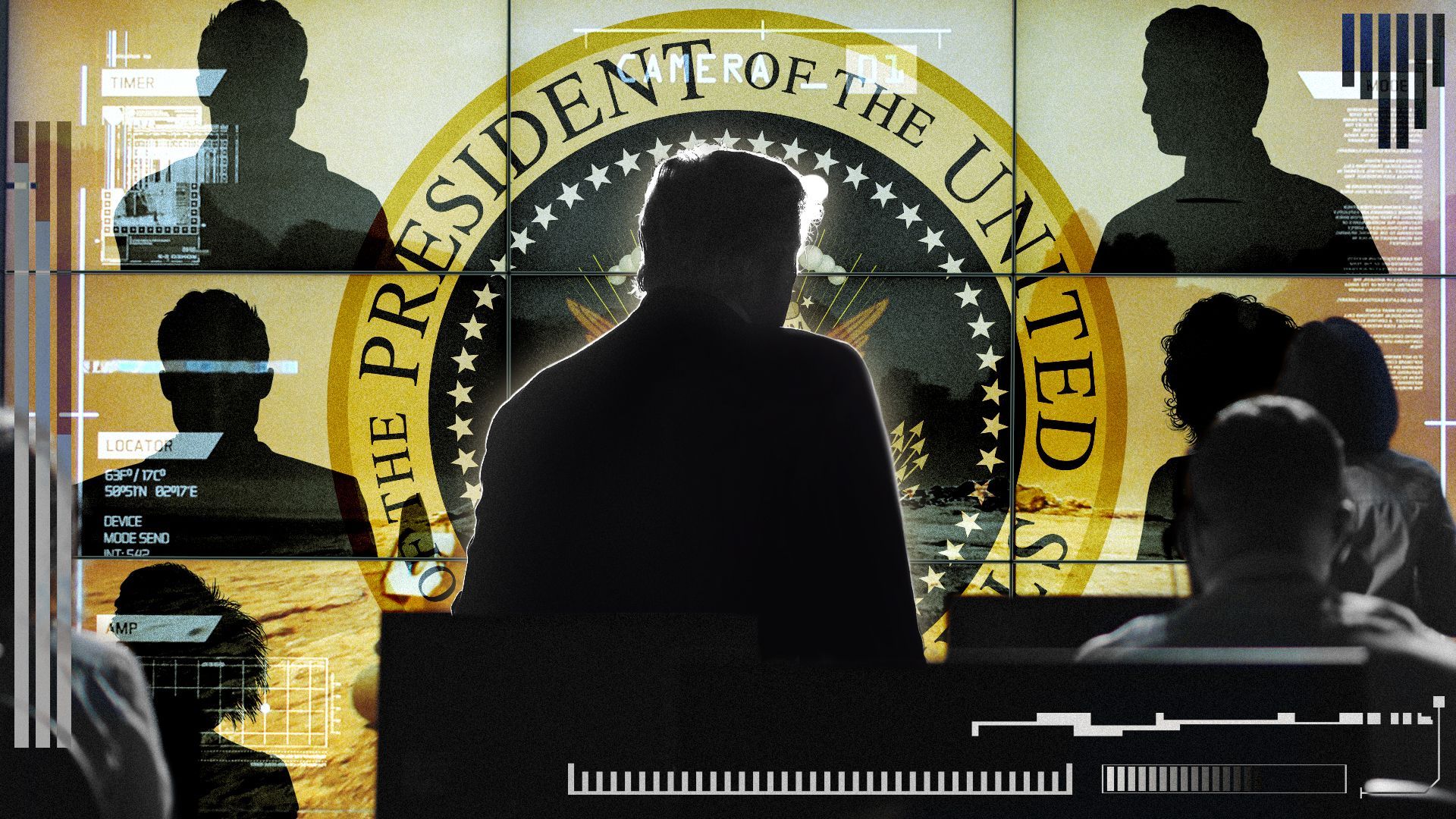 Photo illustration of President-elect Donald Trump in a situation room in front of multiple monitors showing candidate silhouettes and the Presidential seal.