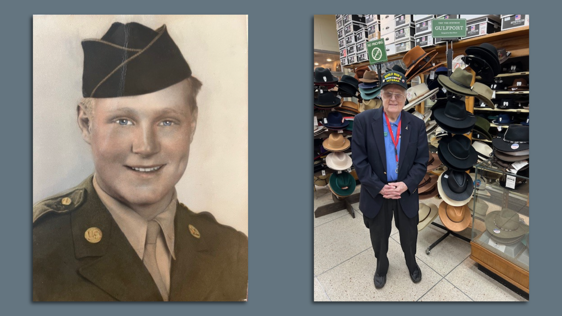 Photos show a picture of Samuel Meyer as a young man in uniform and more current photo of his surrounded by hats.