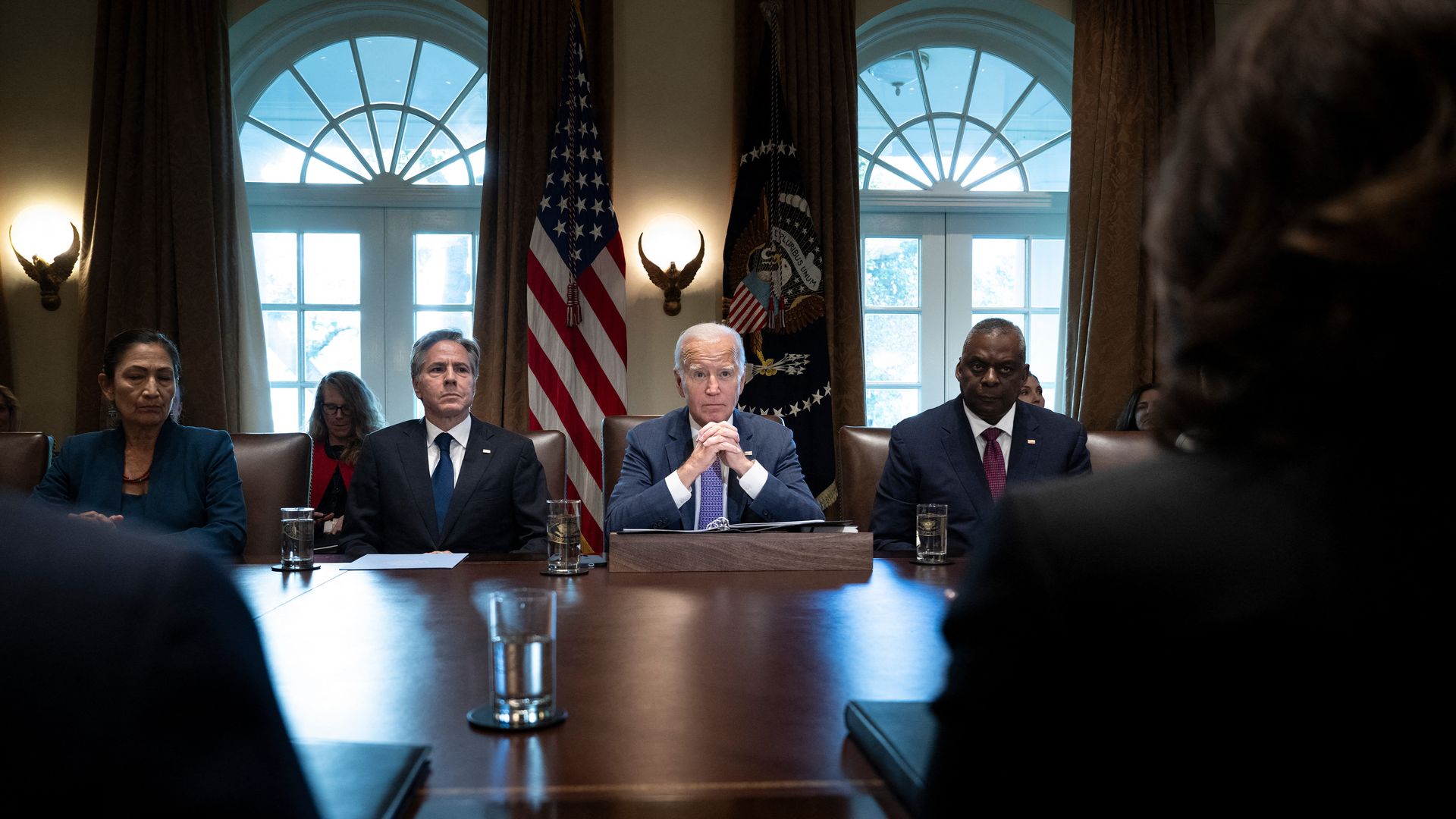 Then-President Biden, center frame, meets with his Cabinet.