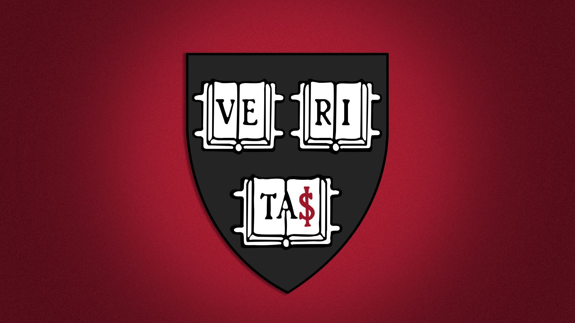 Illustration of the Harvard crest with the "S" in "VERITAS" stylized as a "$".