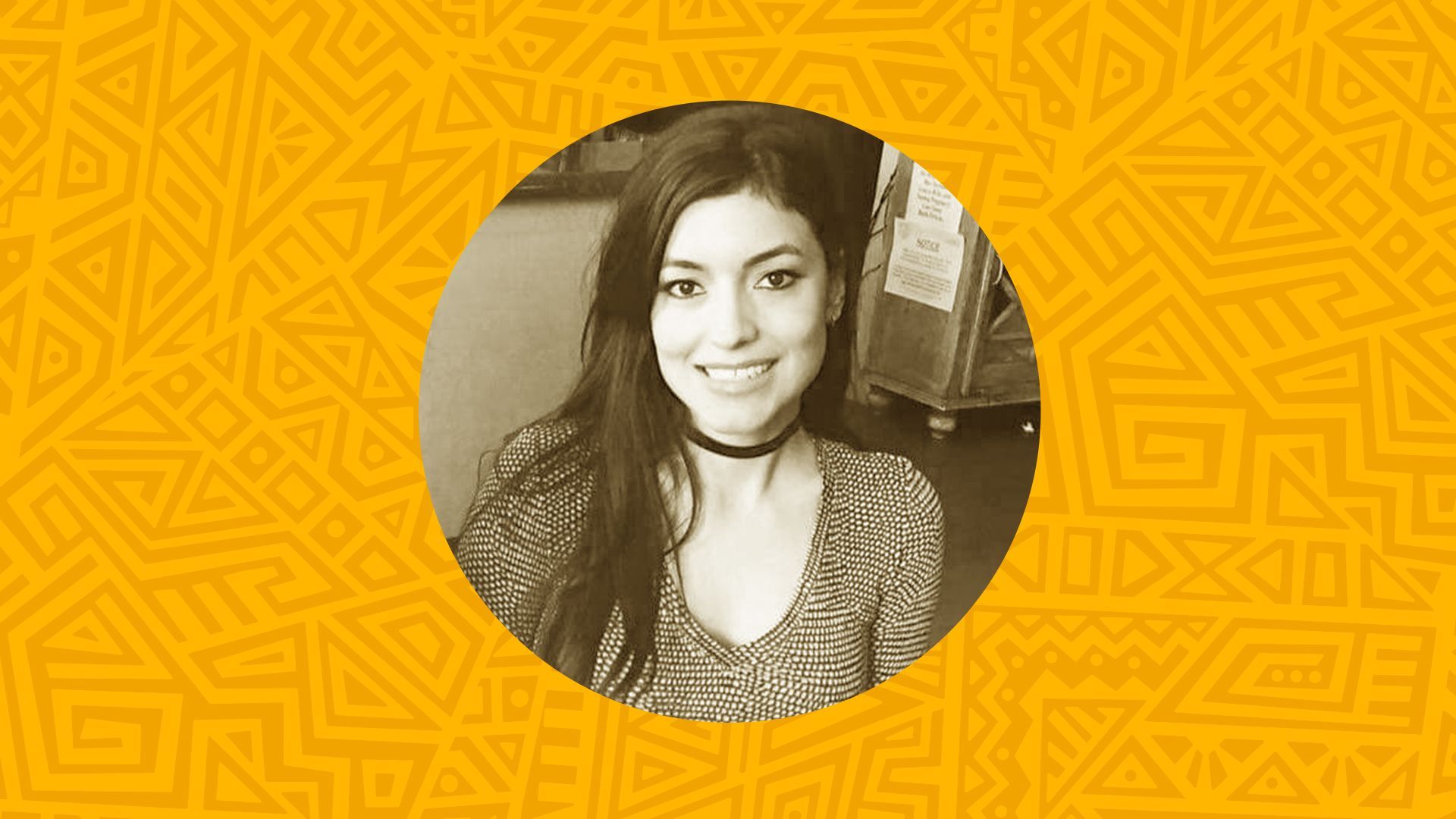 Photo illustration of Cassandra Chavez surrounded by an abstract patterned background. 