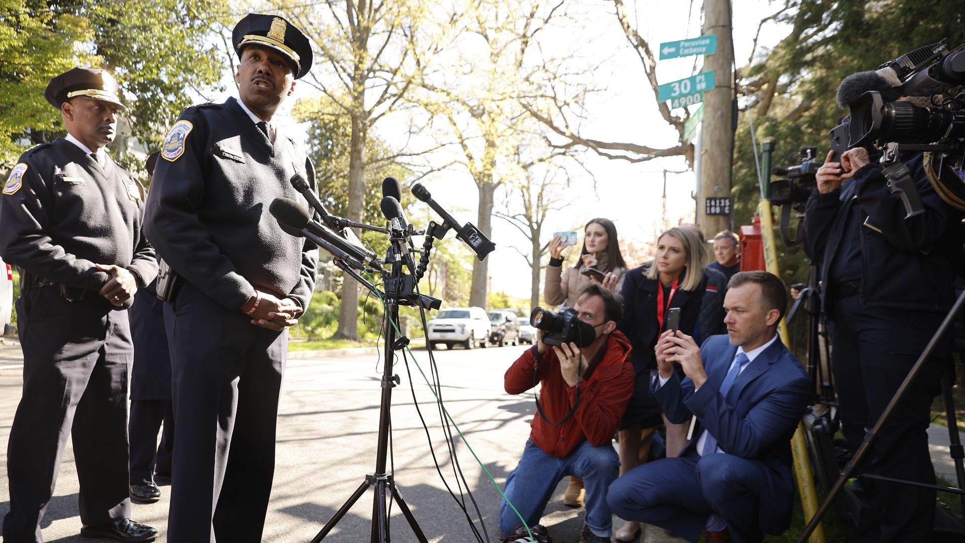 The D.C. police chief addresses reporters after a shooting at the Peruvian Embassy.