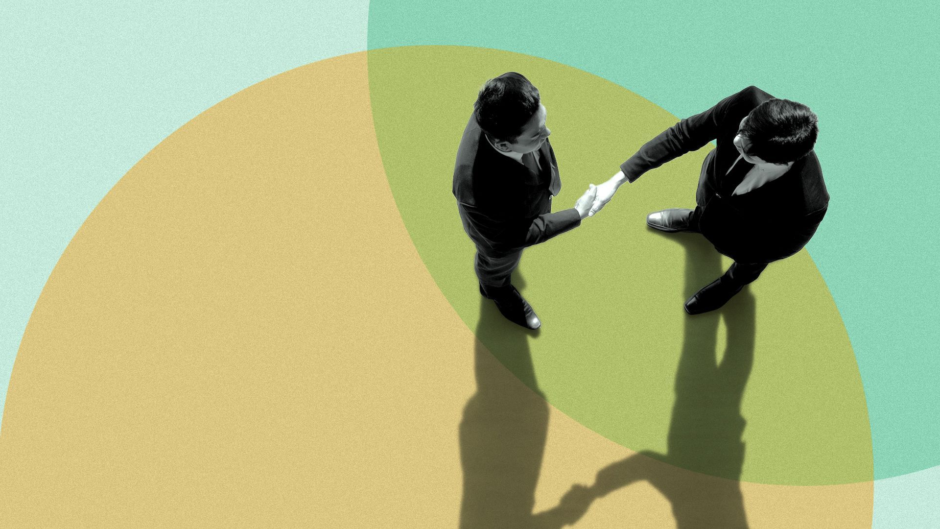 Illustration of two businessmen shaking hands while standing in the overlapping part of two circles.