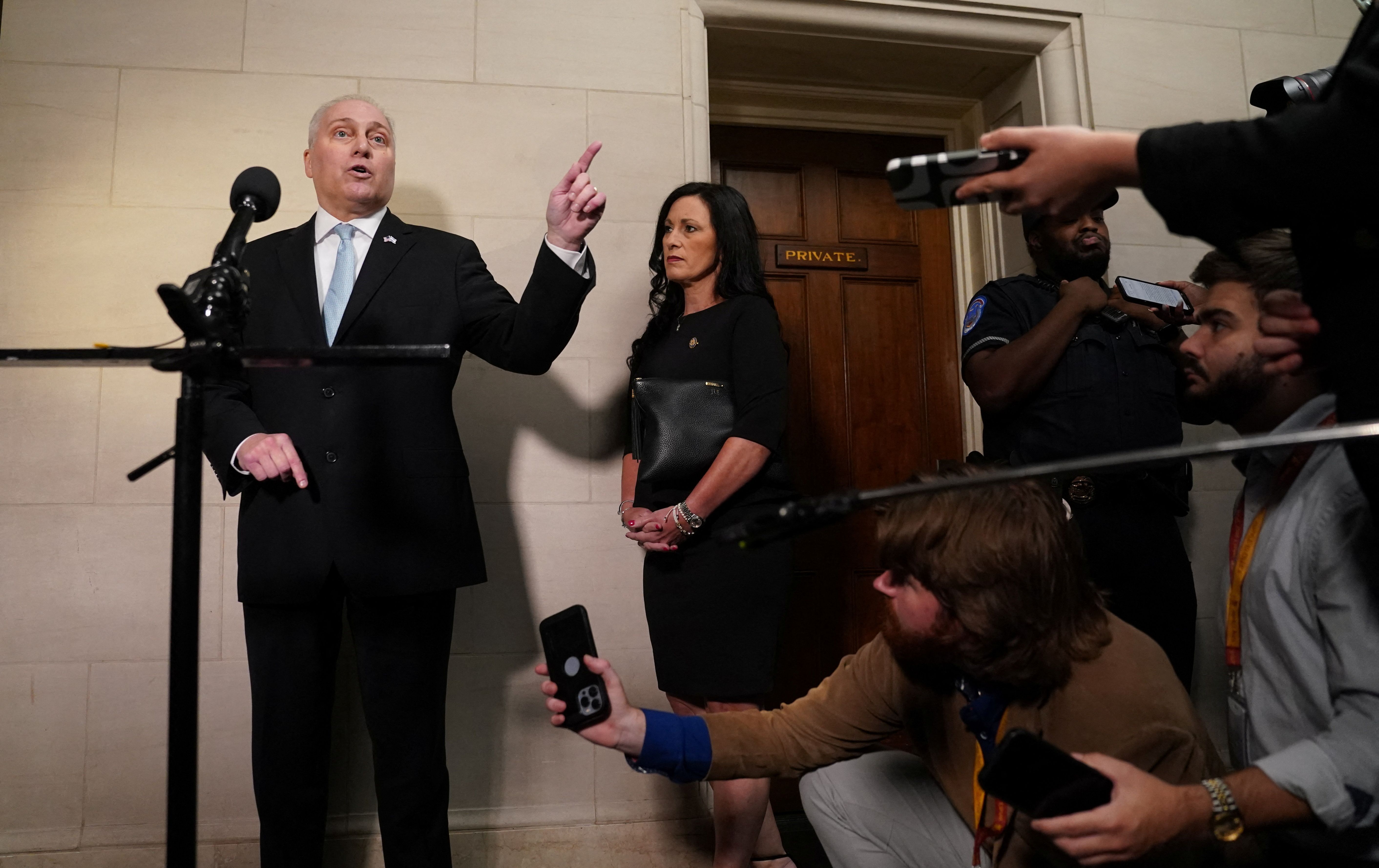 Rep. Steve Scalise (R-La.) speaks to reporters after he won a majority of votes in the House Republican caucus to be their nominee for next Speaker of the House.
