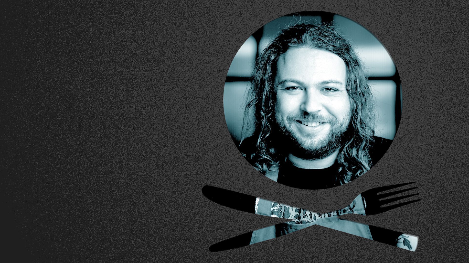 Photo illustration of a place setting shaped like a skull and crossbones containing a photo of Mike Stone.