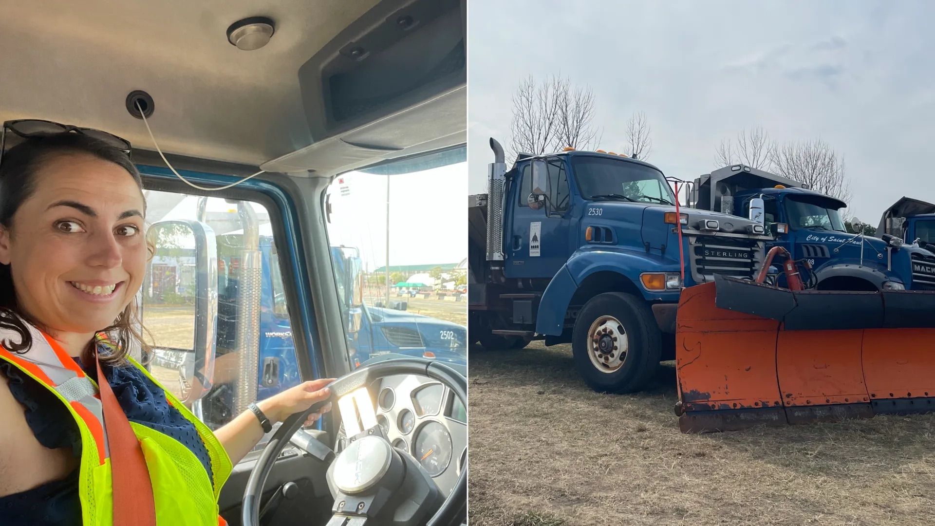 Torey Van Oot behind the wheel of a snowplow.