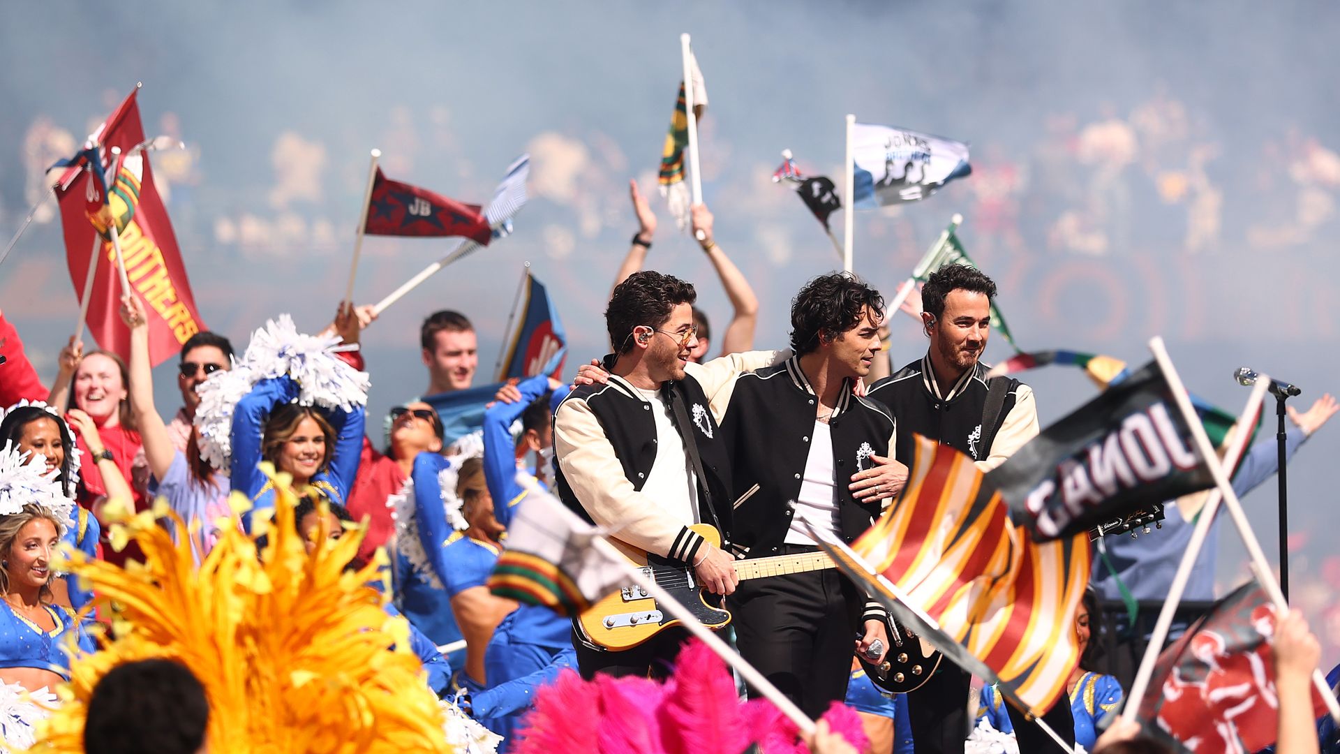 MELBOURNE, AUSTRALIA - SEPTEMBER 11: Jonas Brothers perform at half time of the NFL football game between Los Angeles Rams and San Francisco 49ers at the Melbourne Cricket Ground on September 11, 2026 in Melbourne, Australia. (Photo by Robert Cianflone/Getty Images)