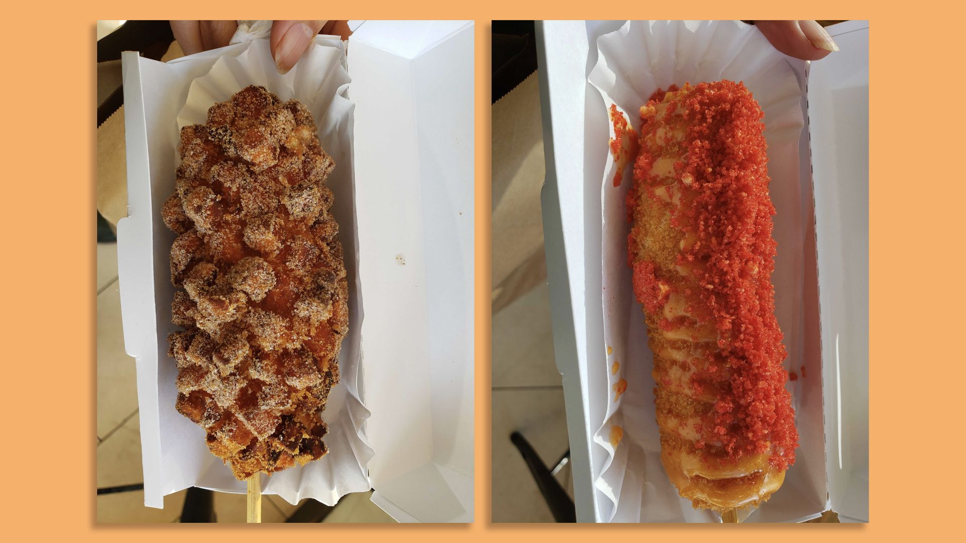 Photo of a korean hot dog on a stick. 