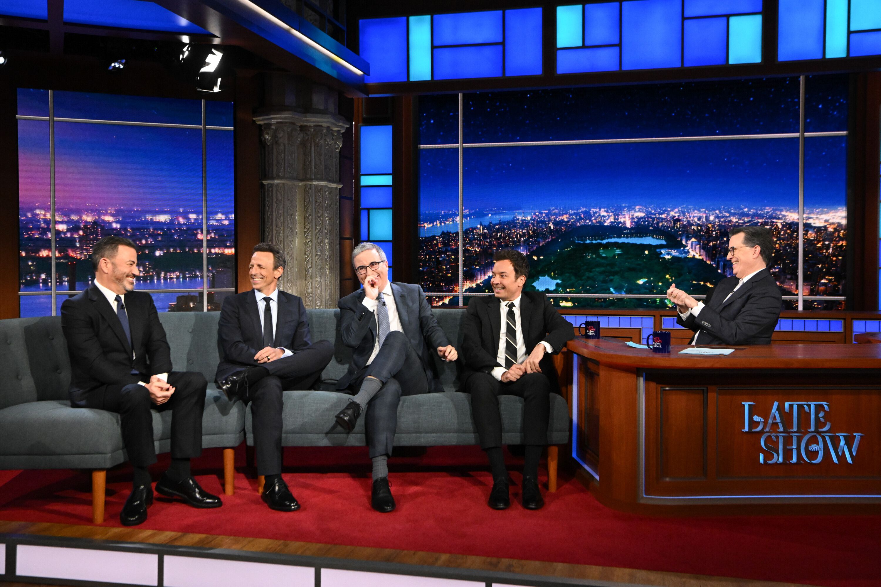 The Late Show with Stephen Colbert and guests Jimmy Kimmel, Jimmy Fallon, John Oliver, and Seth Meyers during yesterday's show. Photo: Scott Kowalchyk/CBS Broadcasting Inc.