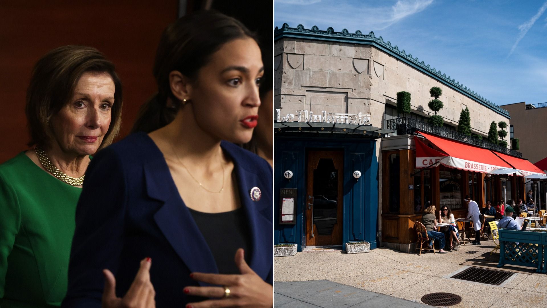 Nancy Pelosi and Alexandria Ocasio-Cortez together in a picture, side-by-side a picture of Le Diplomate restaurant