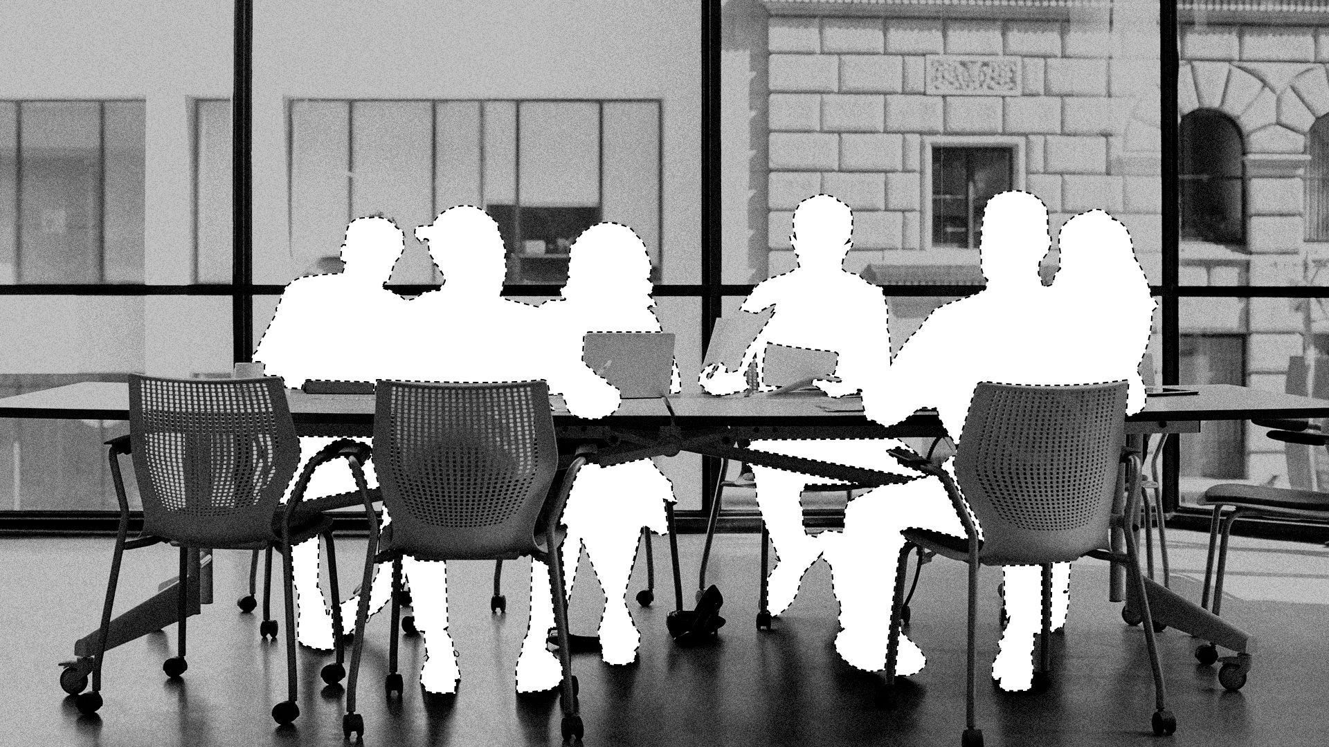 Illustration of silhouettes sitting at a table.