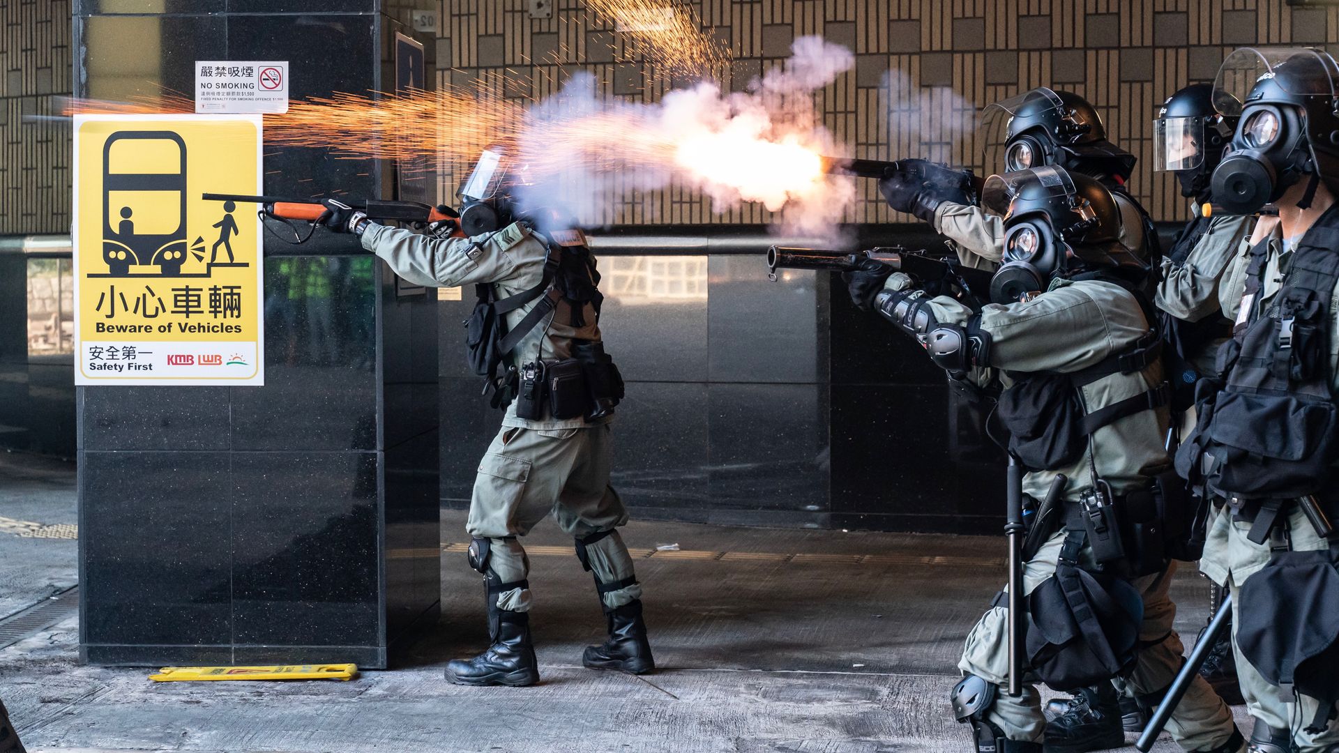  Riot police fire teargas and rubber bullets as protesters attempt to leave The Hong Kong Poytechnic University on November 18, 2019 in Hong Kong