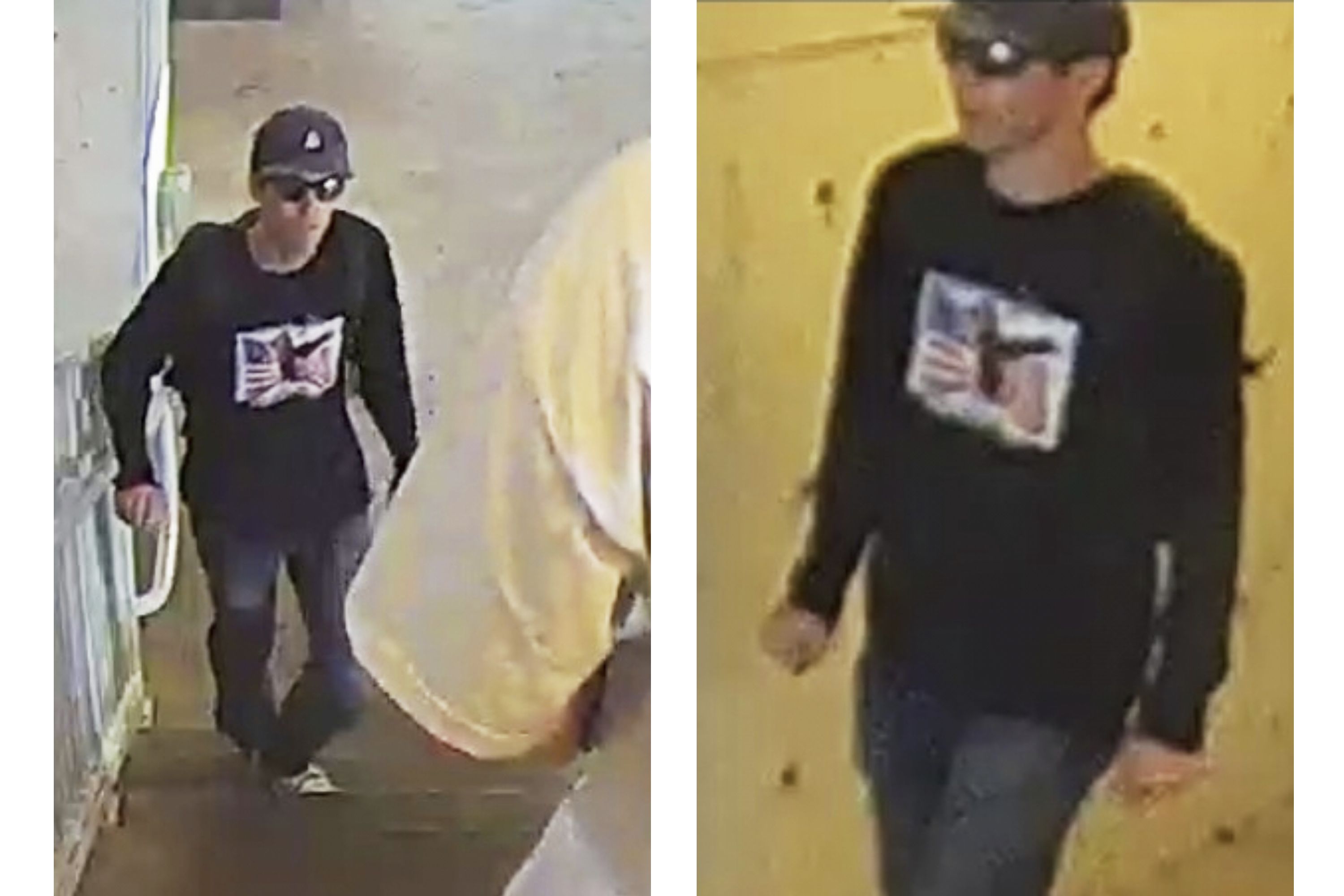 Images of a person of interest released by the FBI show an individual wearing sunglasses, a black hat and a black long-sleeve shirt.