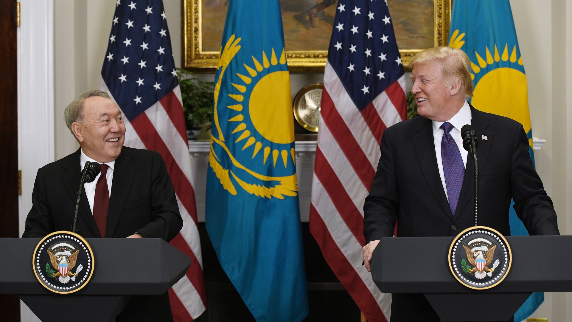 U.S. President Donald Trump and President Nursultan Nazarbayev of Kazakhstan hold a joint press conference. 