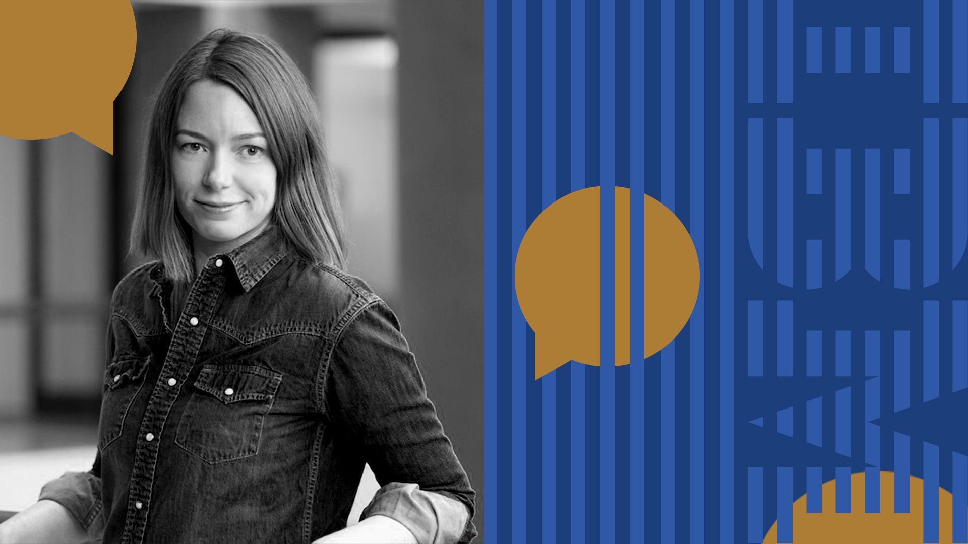 Photo illustration of Sarah Meron surrounded by lines and abstract speech bubbles. 