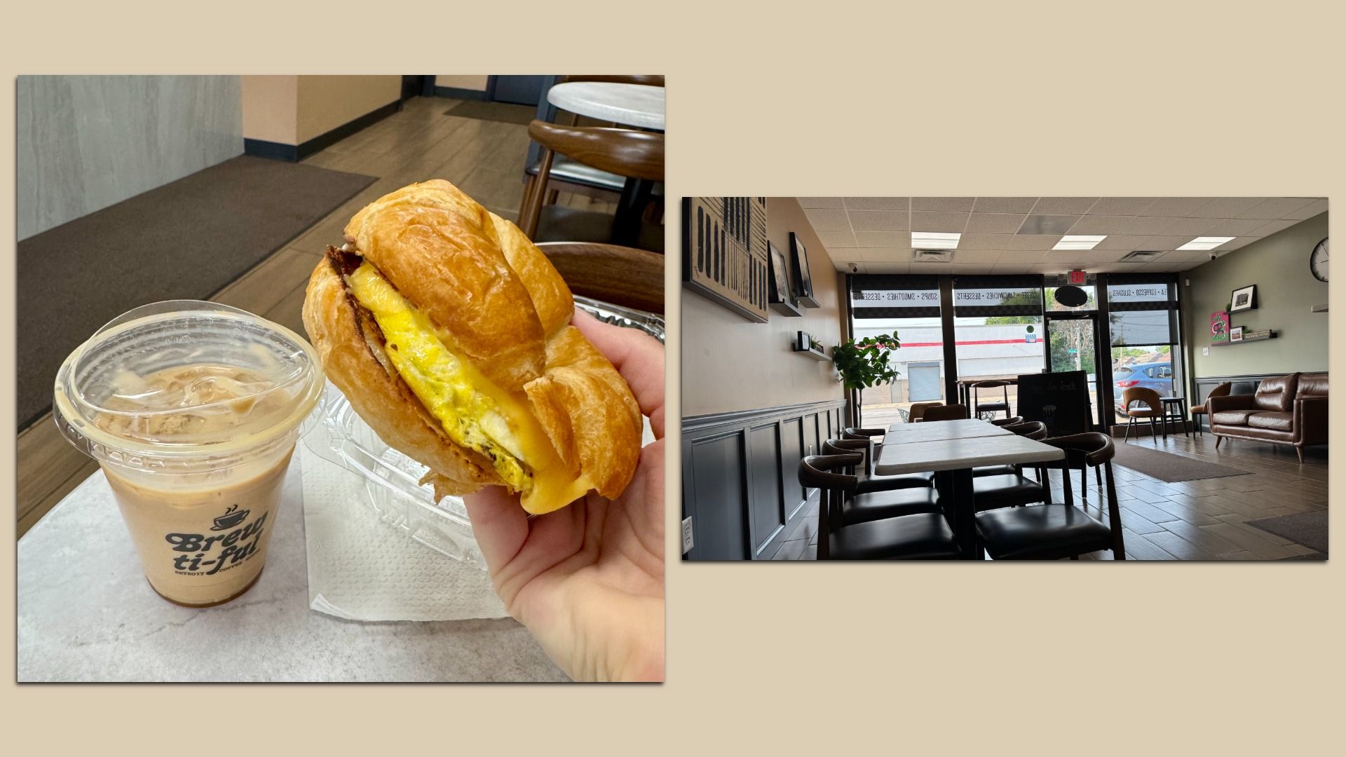 Collage: left—hand holds a croissant breakfast sandwich with egg and cheese beside an iced coffee; right shows a cozy cafe interior with tables, chairs, a plant, and front windows.