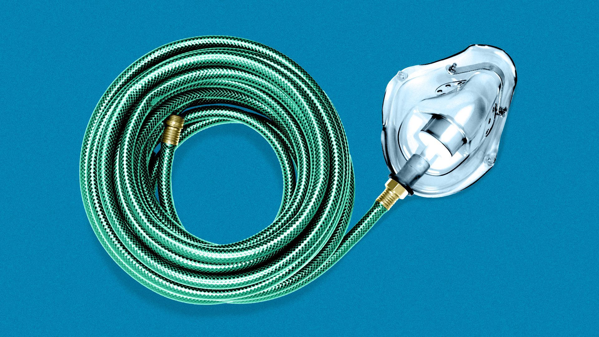 Illustration of a garden hose with a ventilator mask on the end.