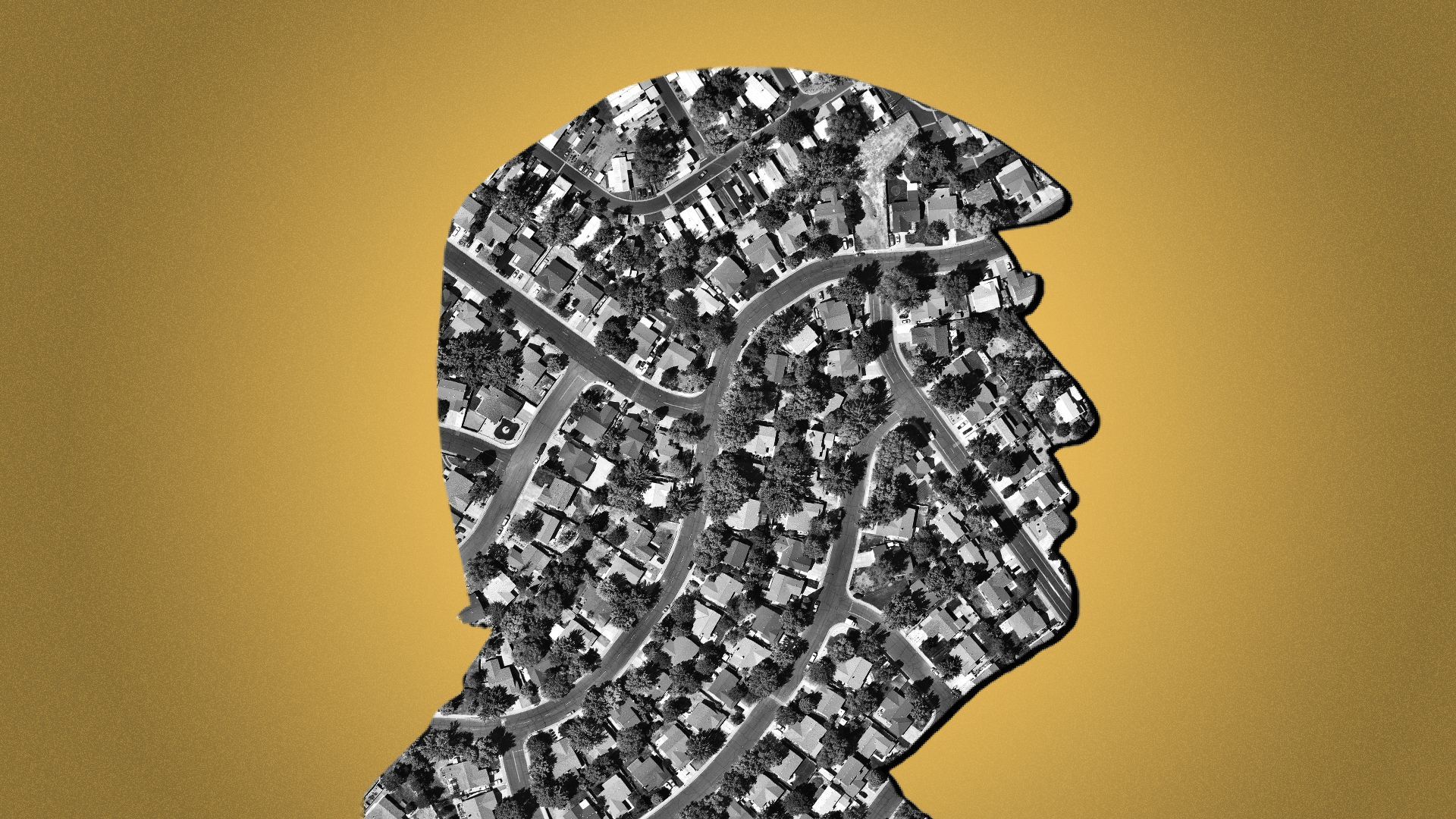 Illustration of the silhouette of Donald Trump made from a birds eye view of a suburban neighborhood