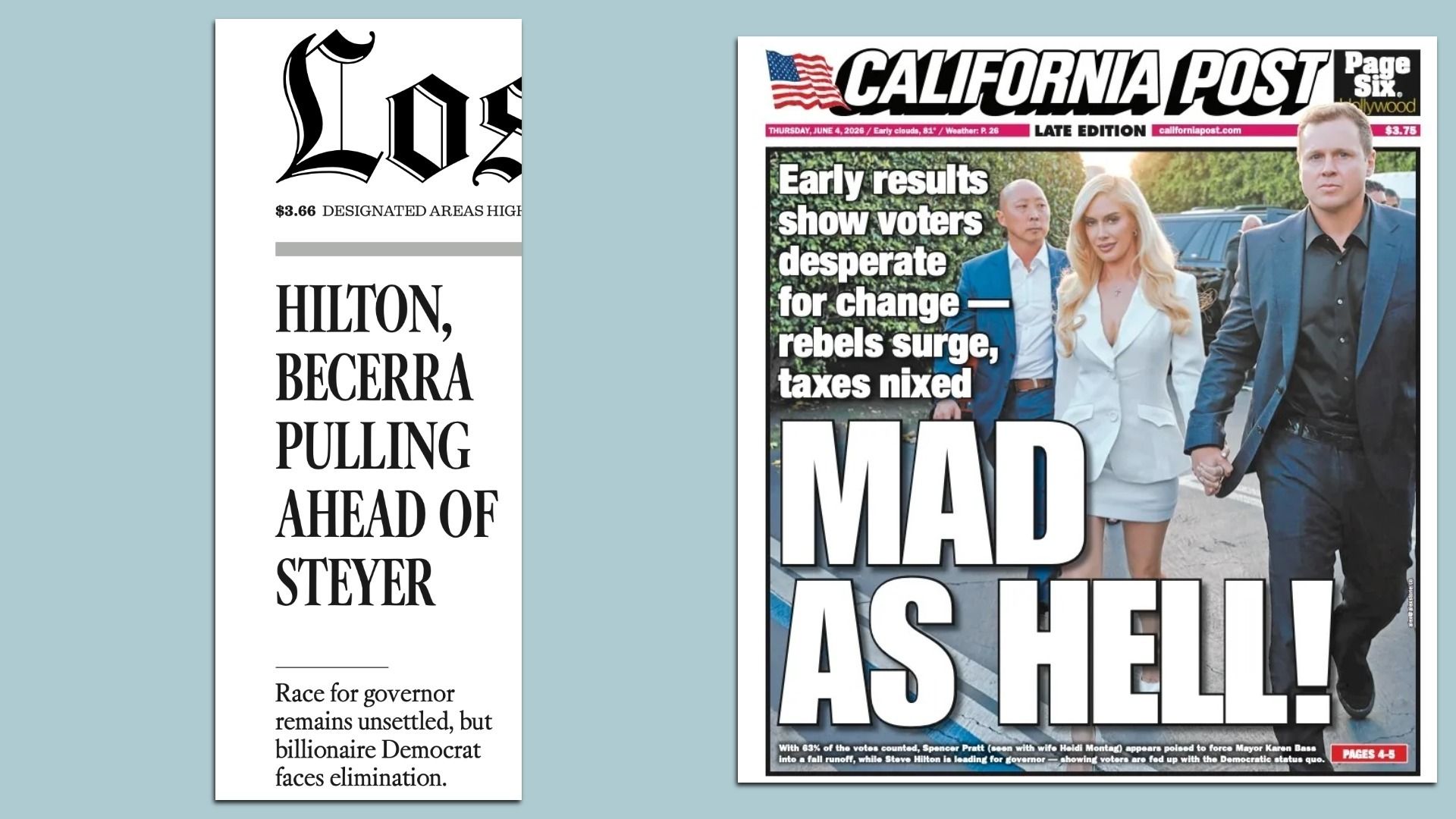 Side-by-side image of two newspaper front pages. On the left, part of the LA Times'front page shows the headline “Hilton, Becerra pulling ahead of Steyer.” On the right, the California Post front page features a large photo of three people walking and the headline “MAD AS HELL!”