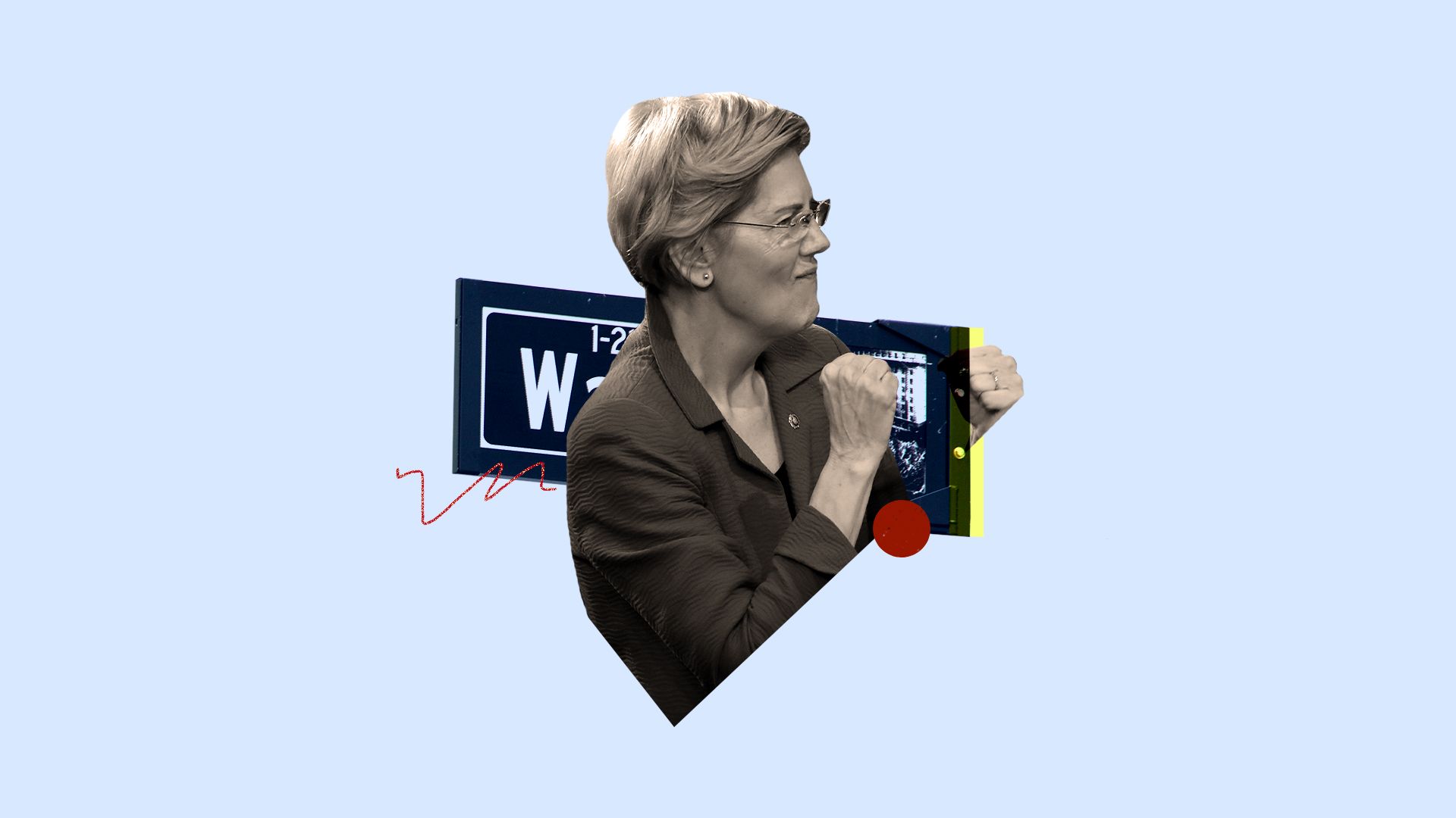 Collage of Elizabeth Warren and Wall Street sign