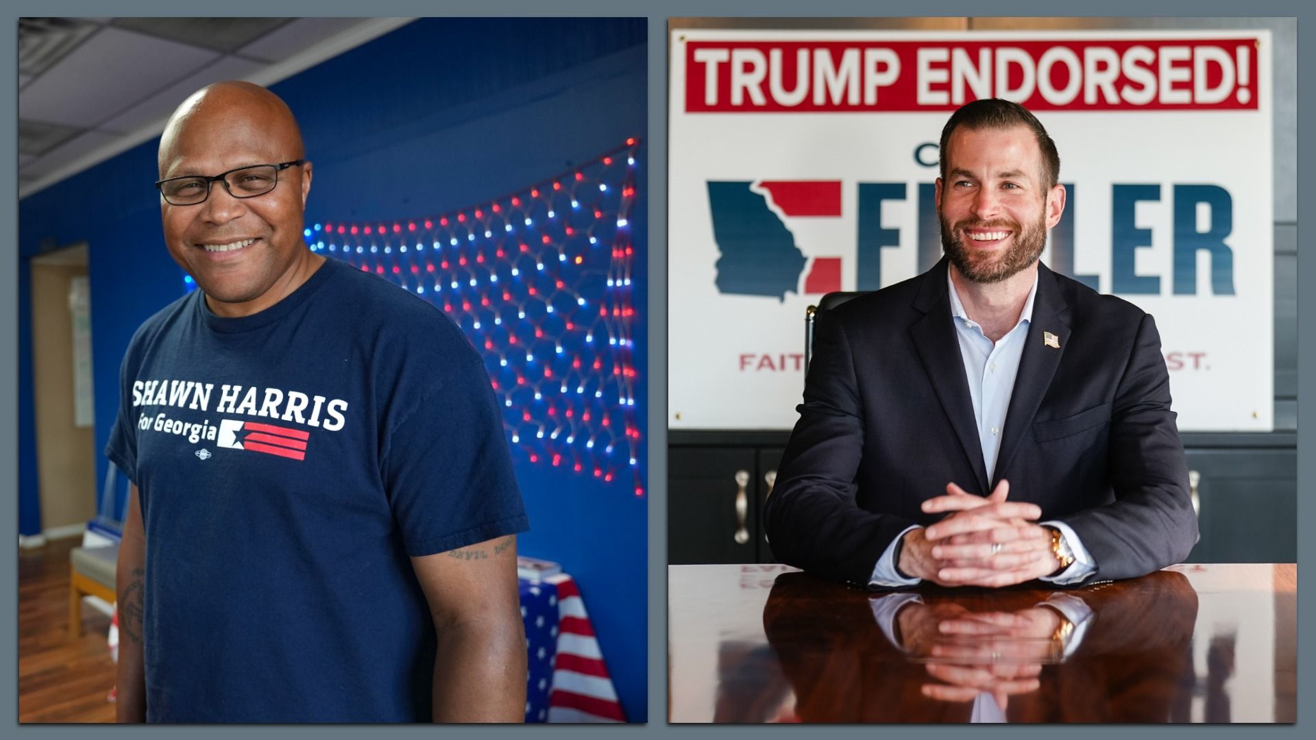 Two men side by side: left, a smiling bald man in a blue "Shawn Harris for Georgia" shirt in a blue room with string lights; right, a bearded man in a dark suit at a desk with a "TRUMP ENDORSED!" banner behind.
