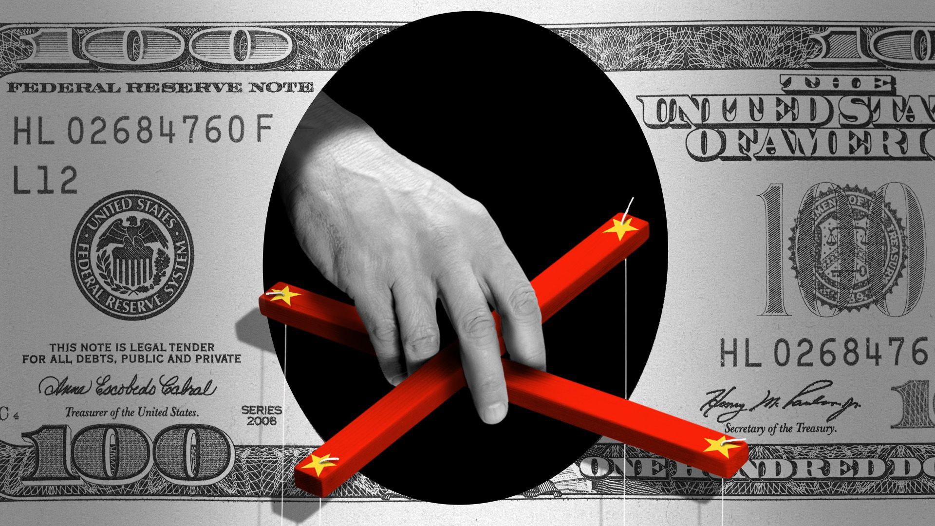 Illustration of a hand holding a marionette control bar with Chinese flag symbols sticking out a a hole in a hundred dollar bill