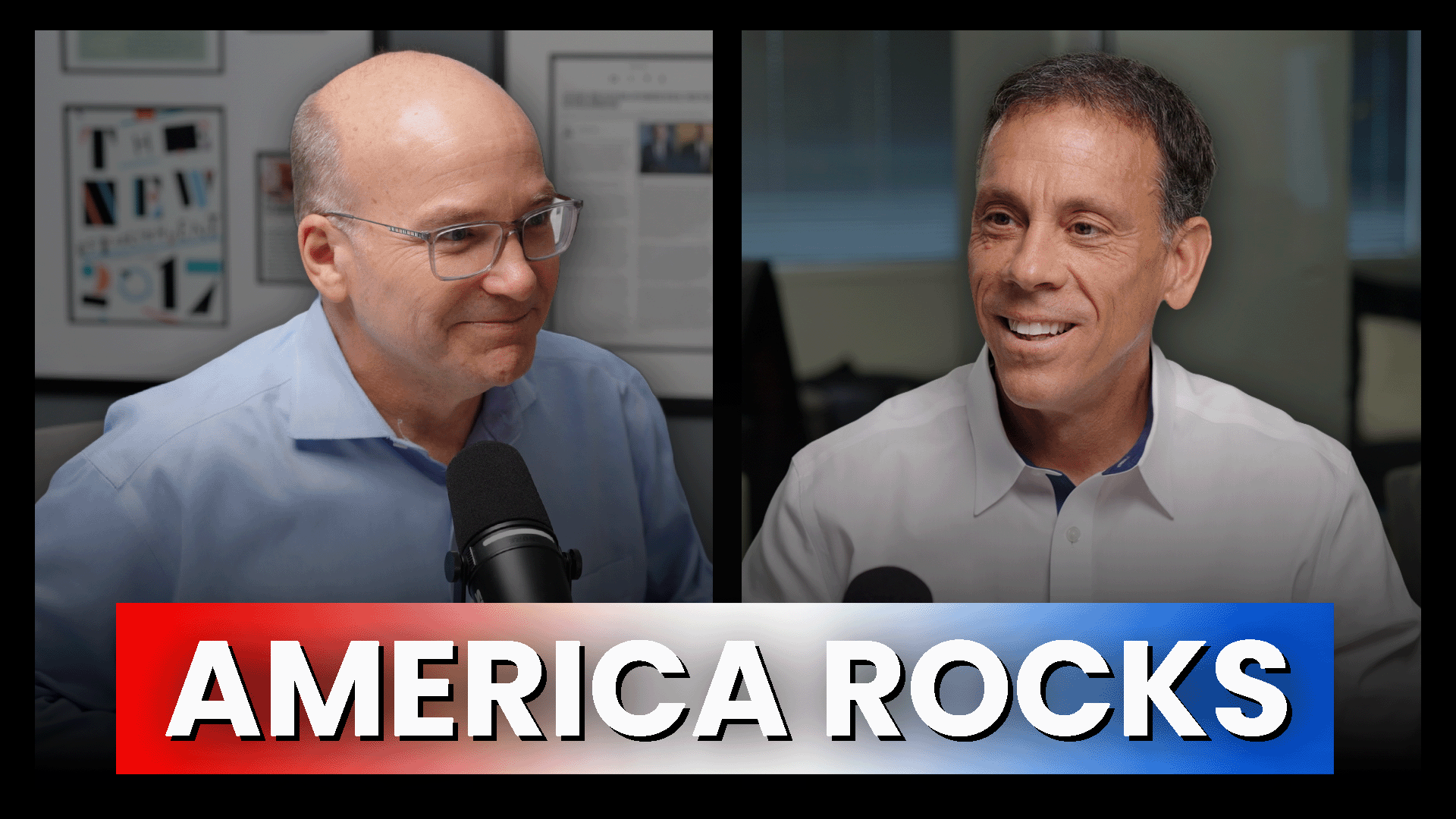 Split-screen: Mike Allen on the left and Jim VandeHei on the right; bottom banner reads 'AMERICA ROCKS' in red, white, and blue.