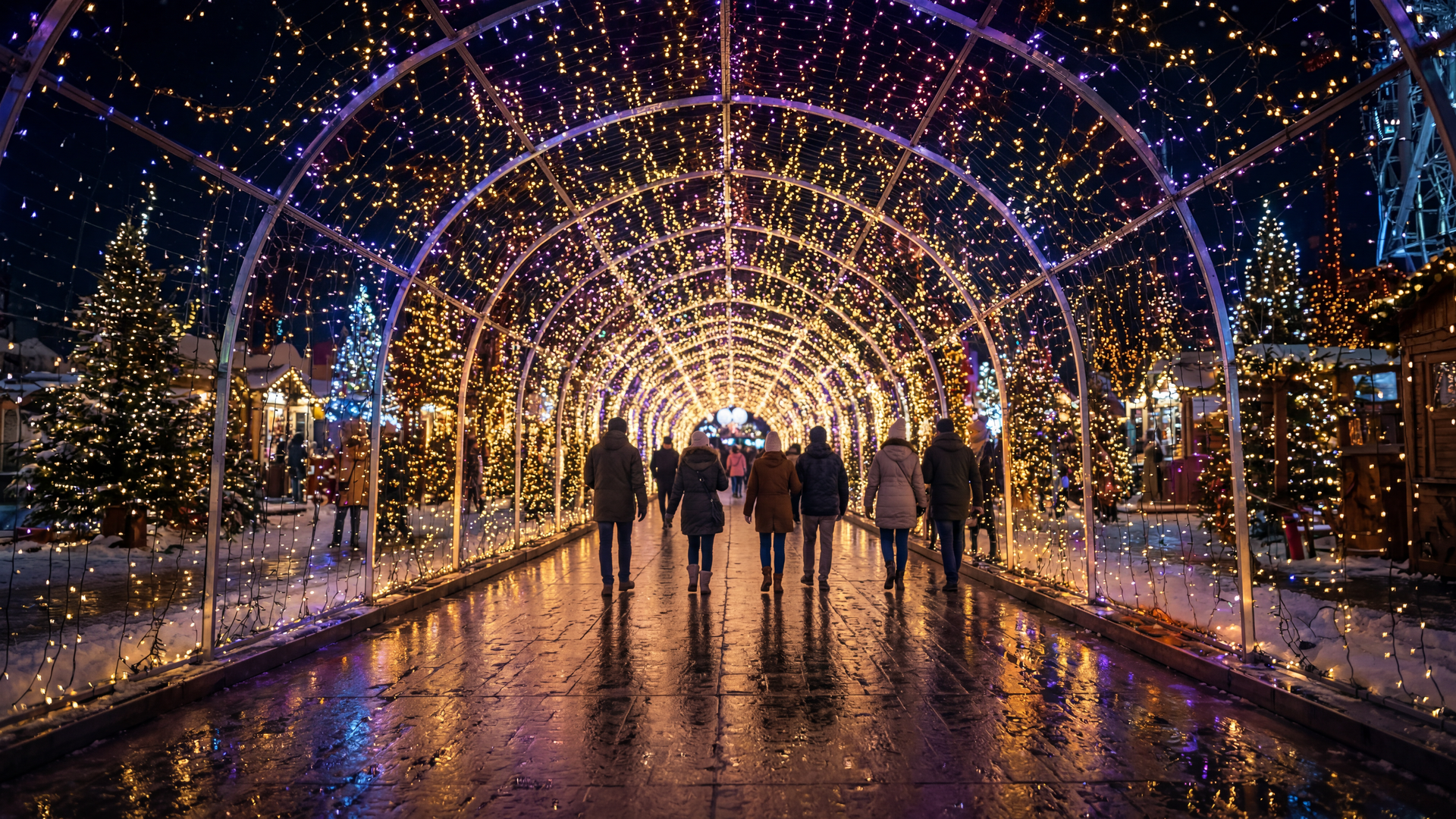 Nighttime street with a glowing arched tunnel of warm yellow and purple fairy lights. People walk through a snowy, reflective path lined with lit trees and storefronts.