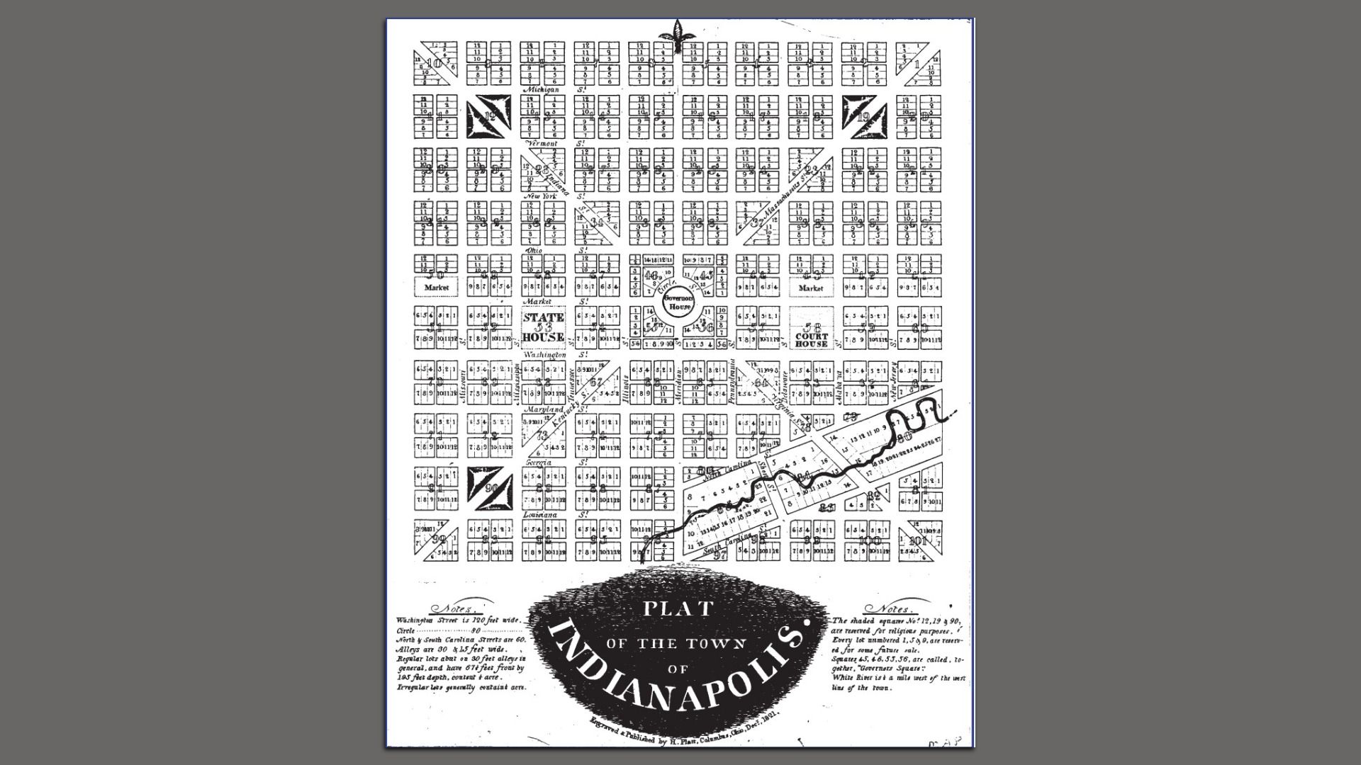 Black and white plat map of the town of Indianapolis from 1821, showing numbered lots, streets named after states, a central Government House circle, and shaded reserved squares.