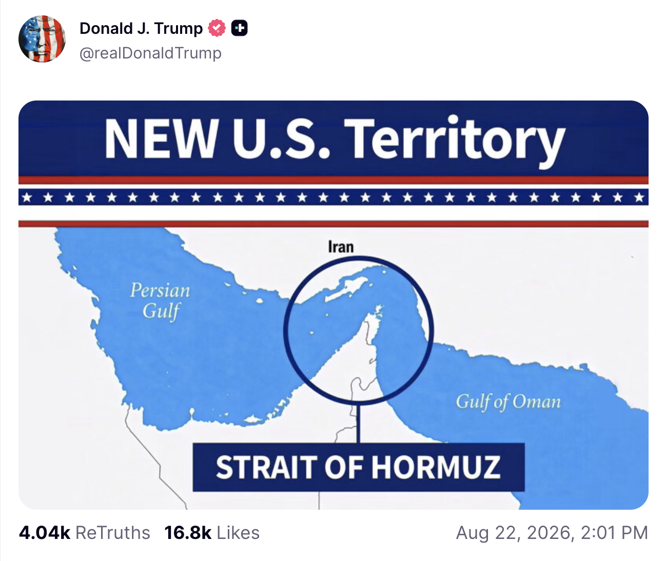 Image of Truth Social post showing the Strait of Hormuz as "NEW U.S. Territory"