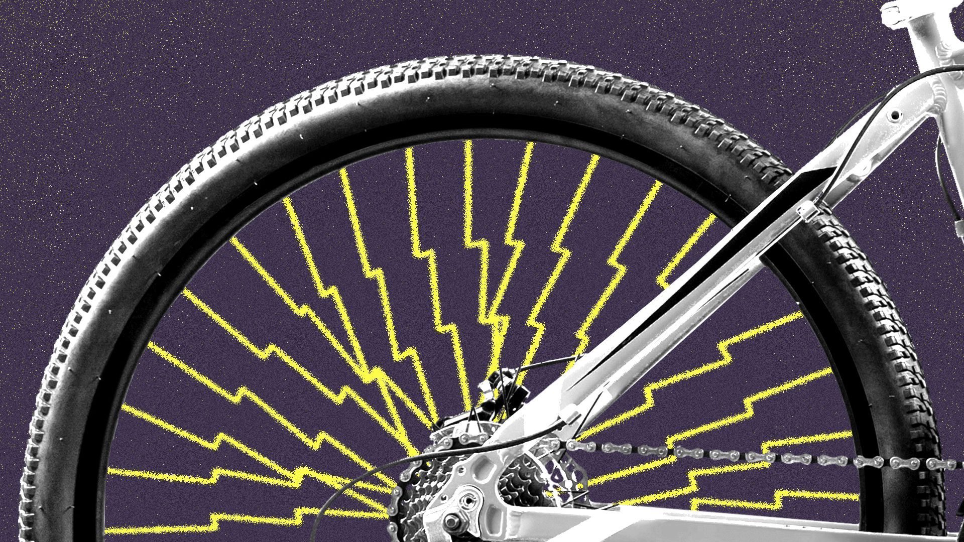 Illustration of a rear bike wheel with lightning bolts for spokes.
