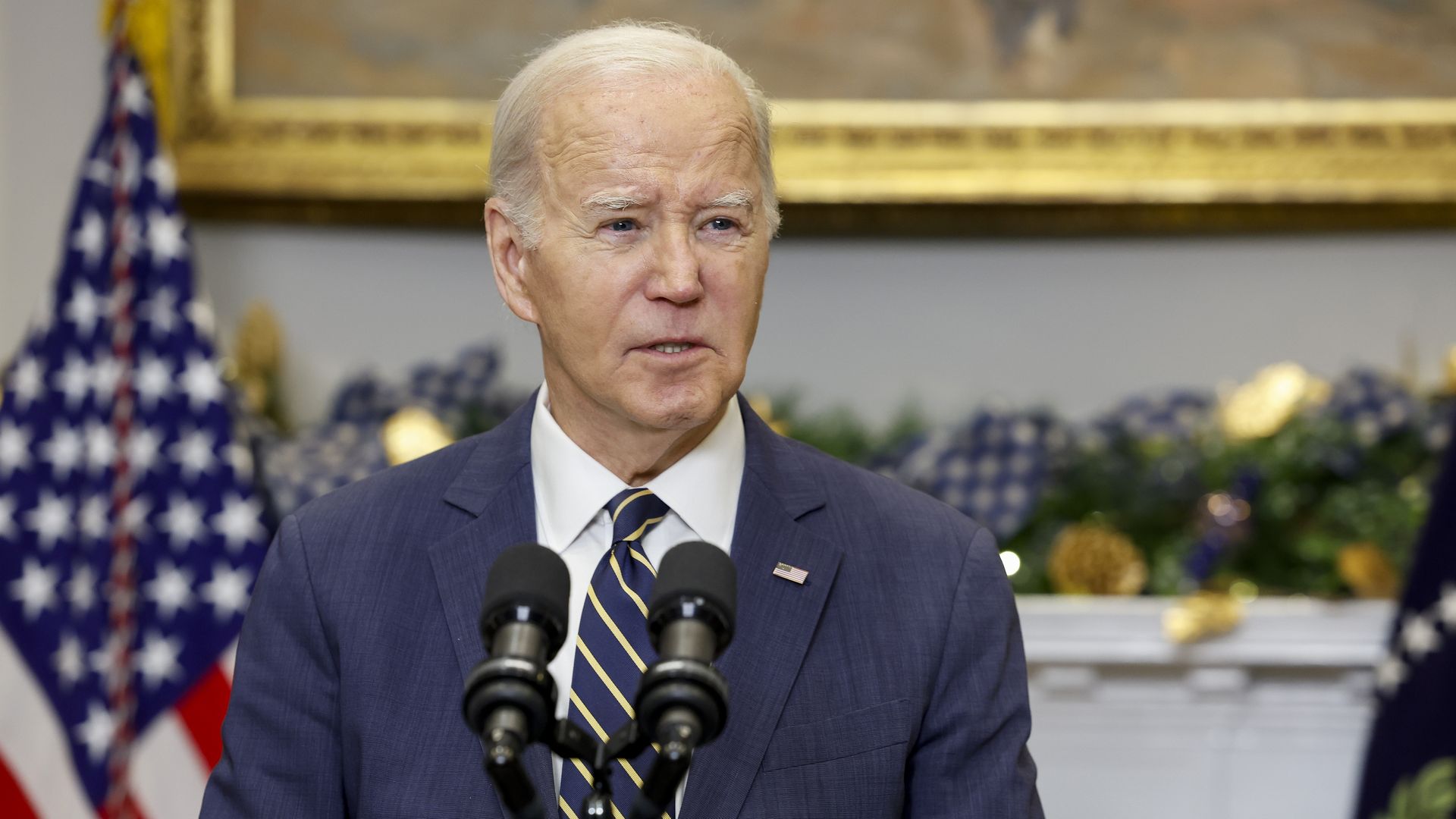 oe Biden delivers a statement urging Congress to pass his national security supplemental from the Roosevelt Room at the White House on December 06