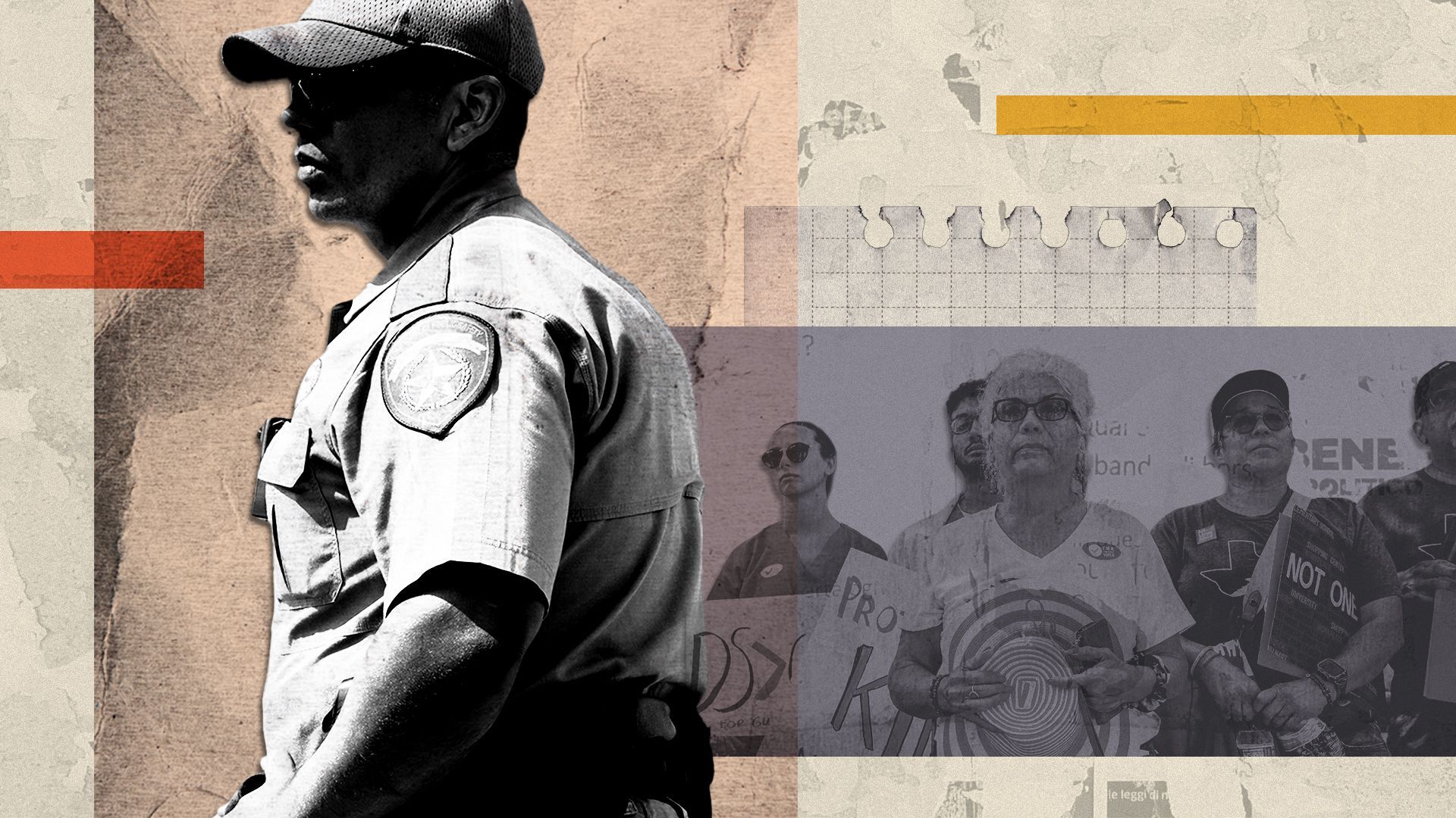 Photo illustration of a police officer facing away from a group of activists rallying with the Uvalde families.