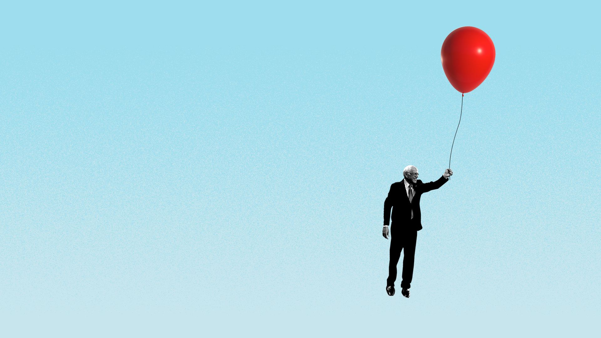 Illustration of Bernie Sanders floating upwards by a balloon. 