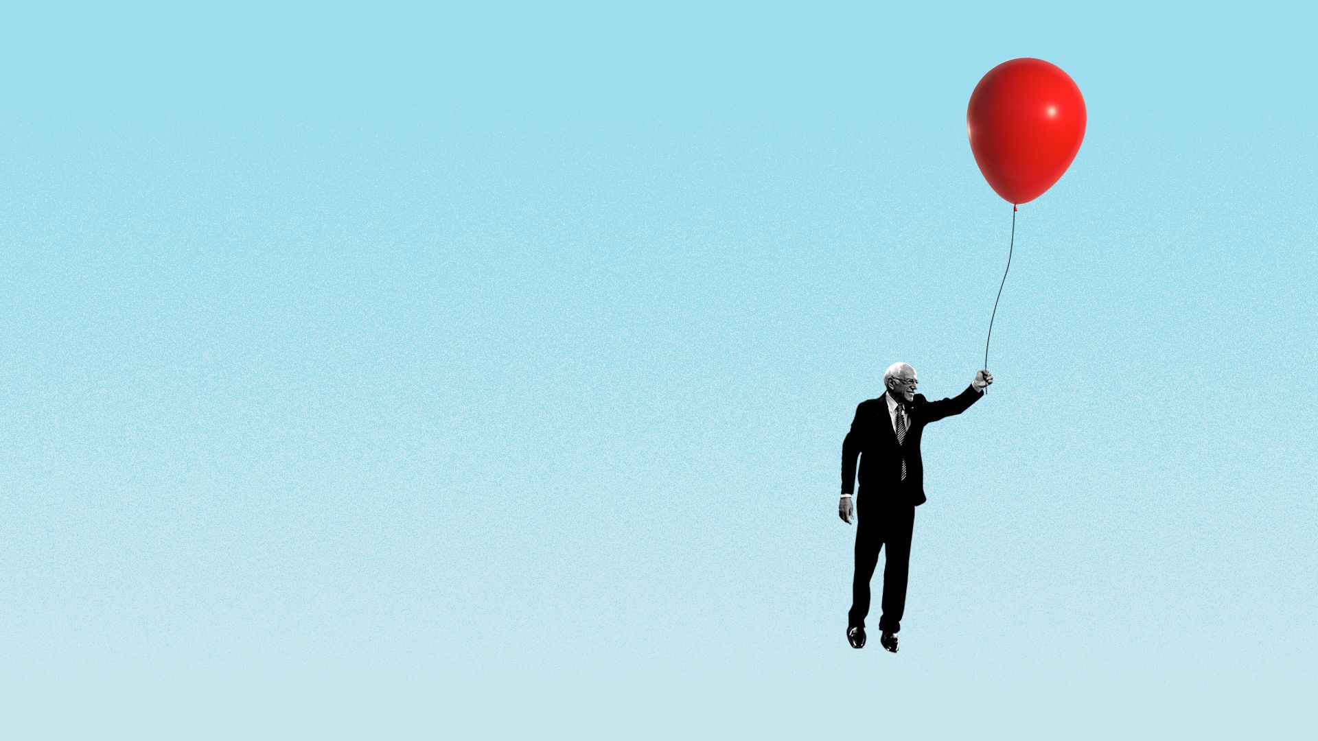 Illustration of Bernie Sanders floating upwards by a balloon.