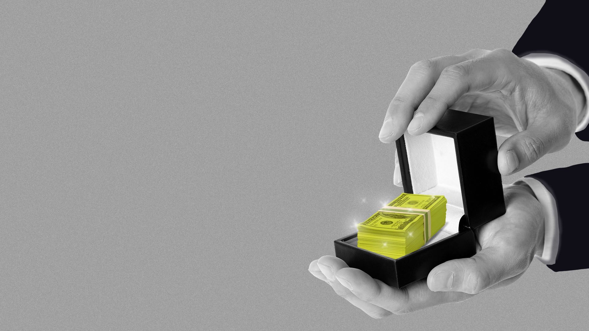 Illustration of man in a suit holding an open engagement box with a stack of money in it