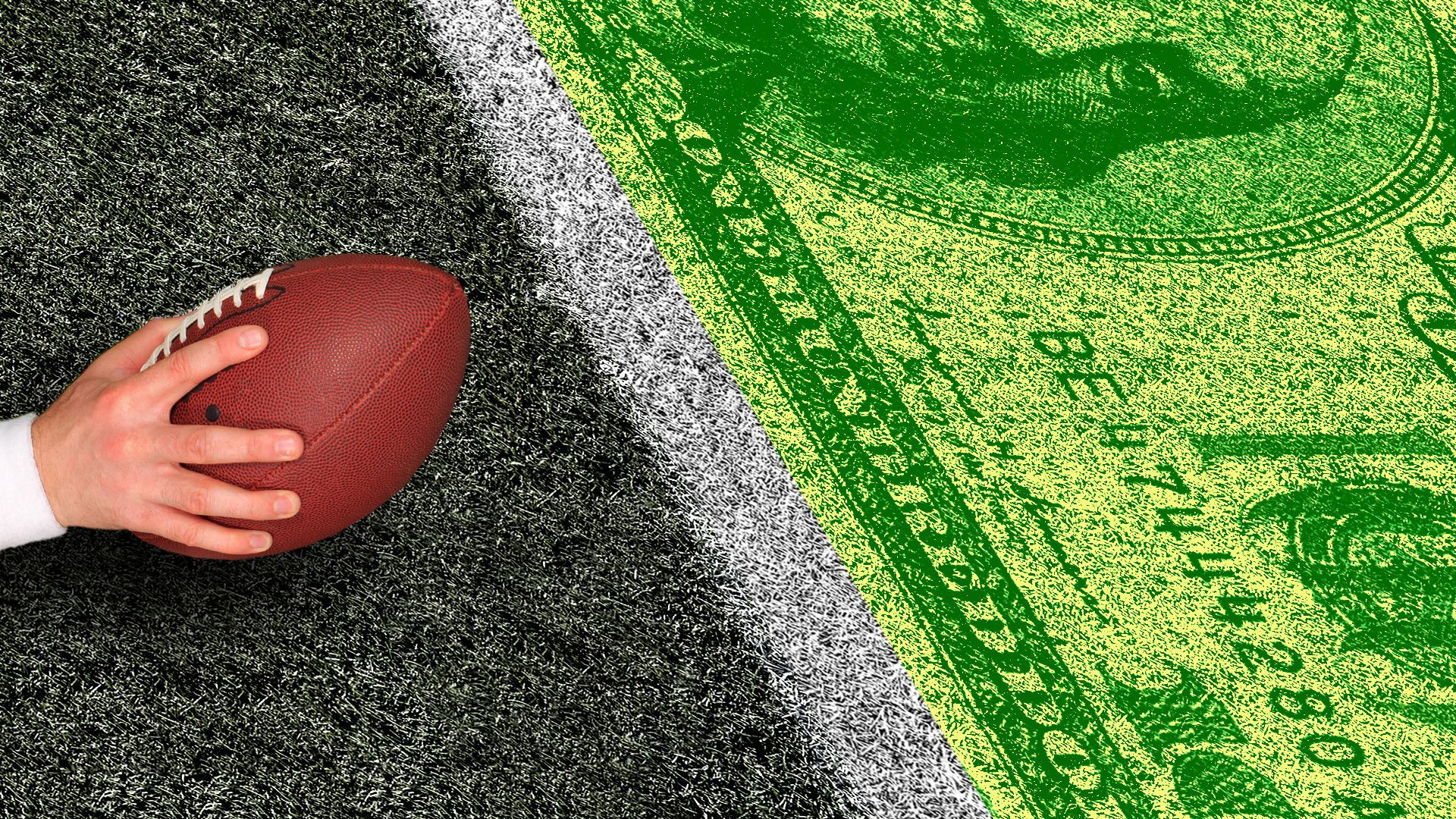 Illustration of a hand and football landing short of a one hundred dollar bill end zone