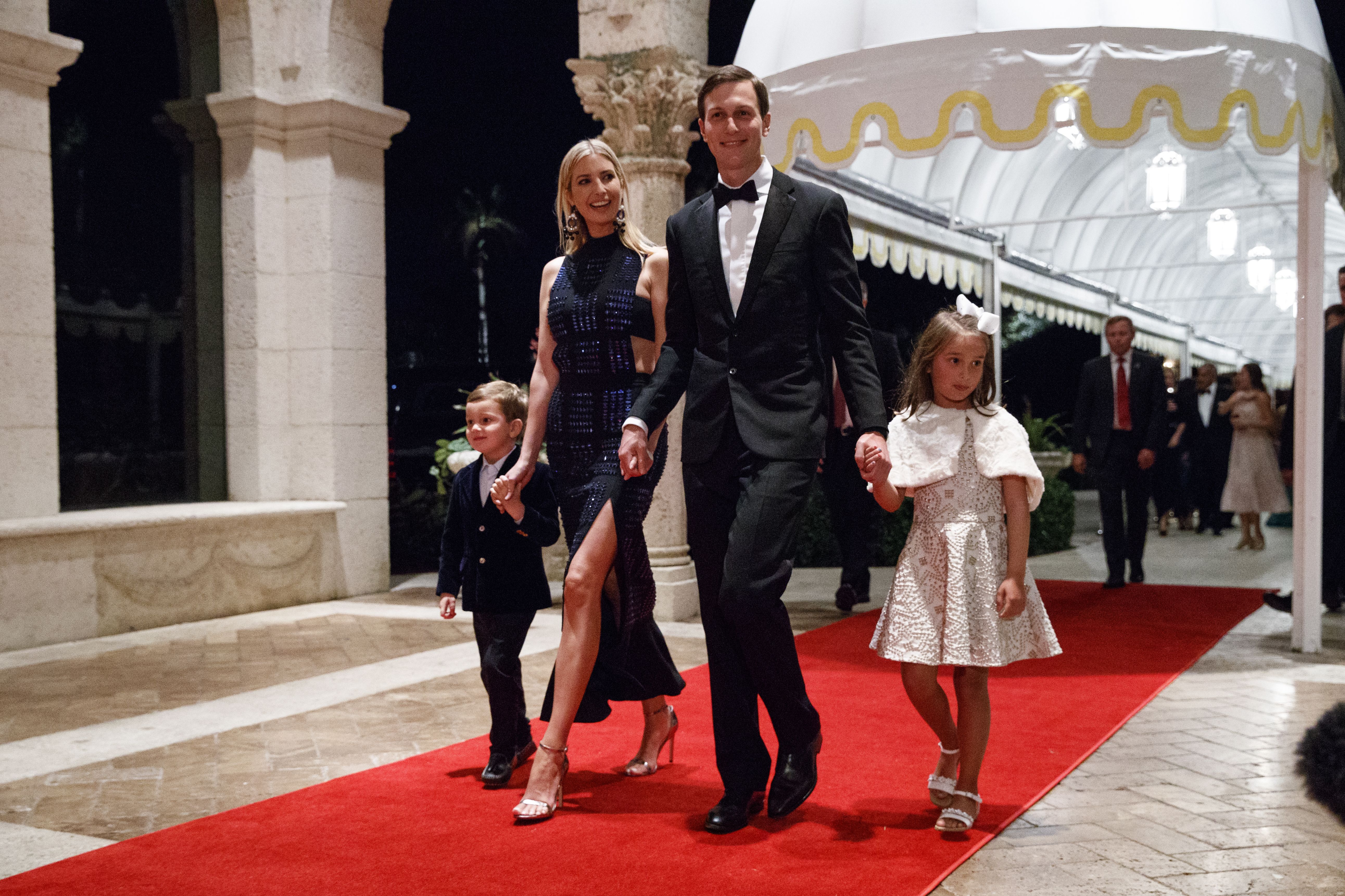 Jared Kushner and Ivanka Trump arrive with daughter Arabella Kushner and son Joseph Kushner for a New Year's Eve gala at Mar-a-Lago, Sunday, Dec. 31, 2017, in Palm Beach, Fla. (AP Photo/Evan Vucci)