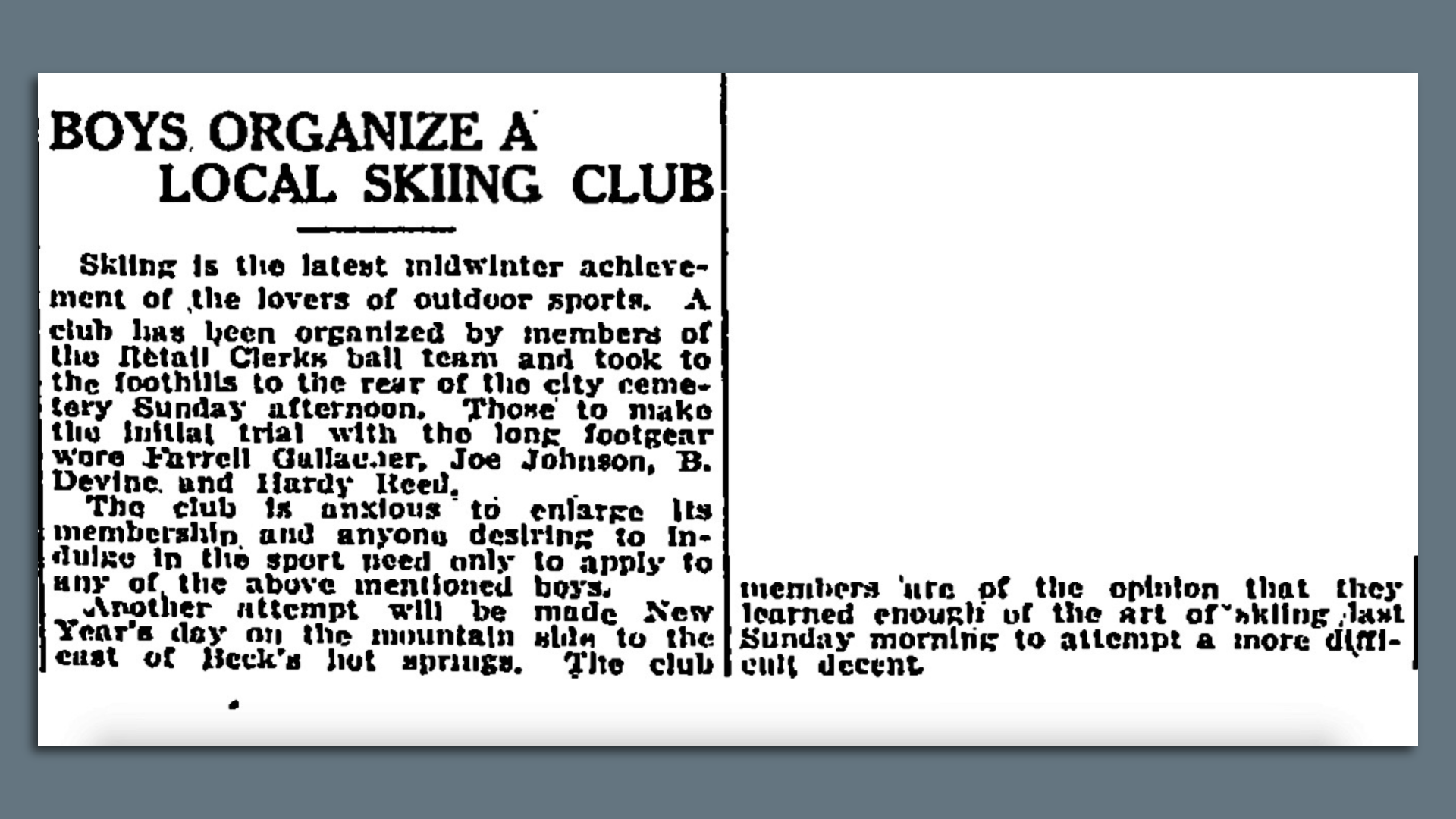 An old newspaper article titled "Boys Organize a Local Skiing Club"