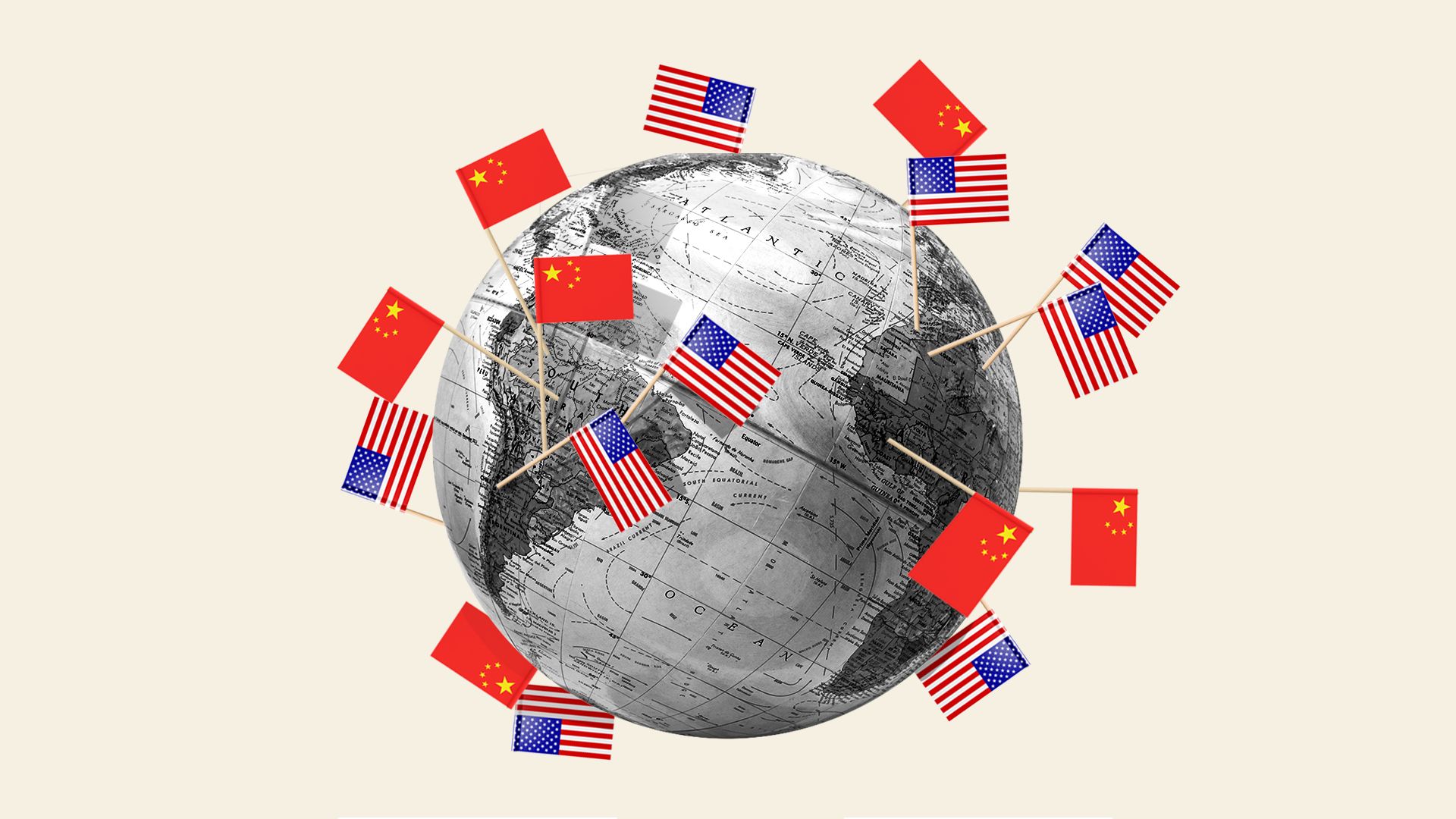 Illustration of globe covered in little Chinese and U.S. flags