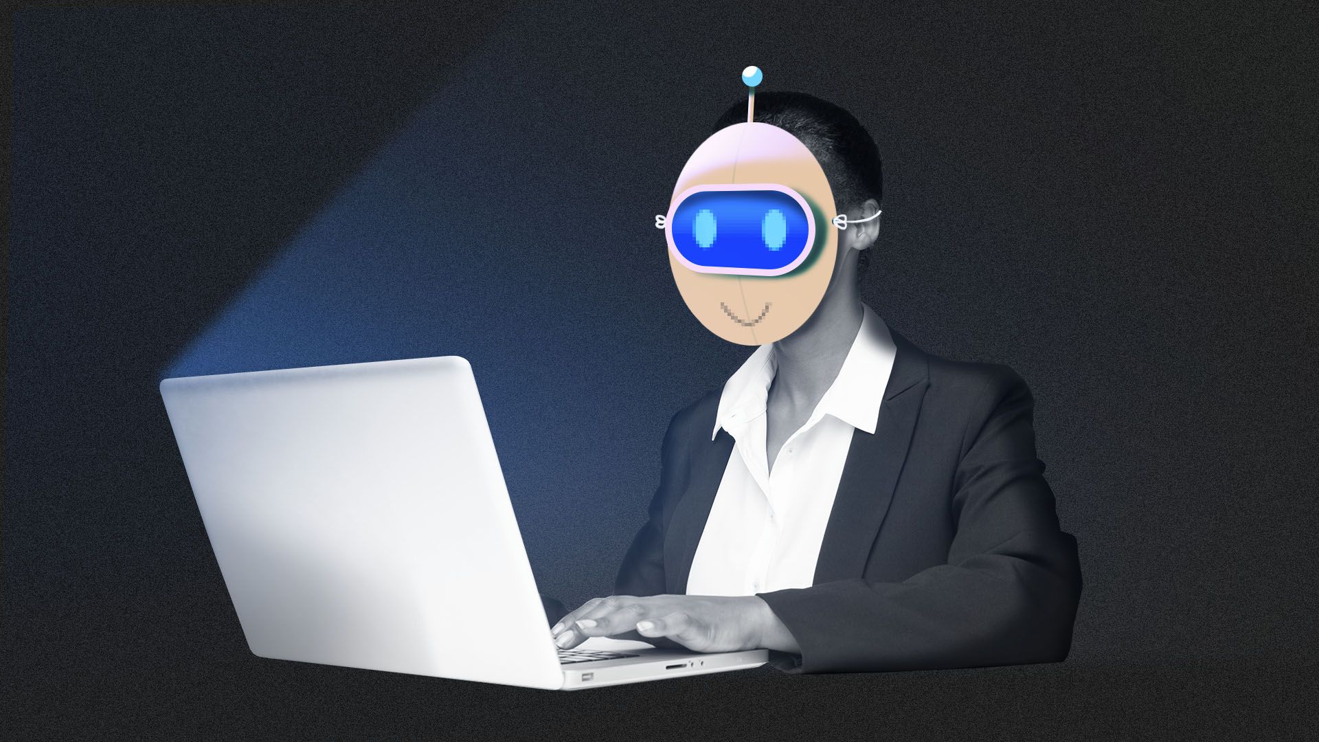 Illustration of a woman working at a computer while wearing a robot mask