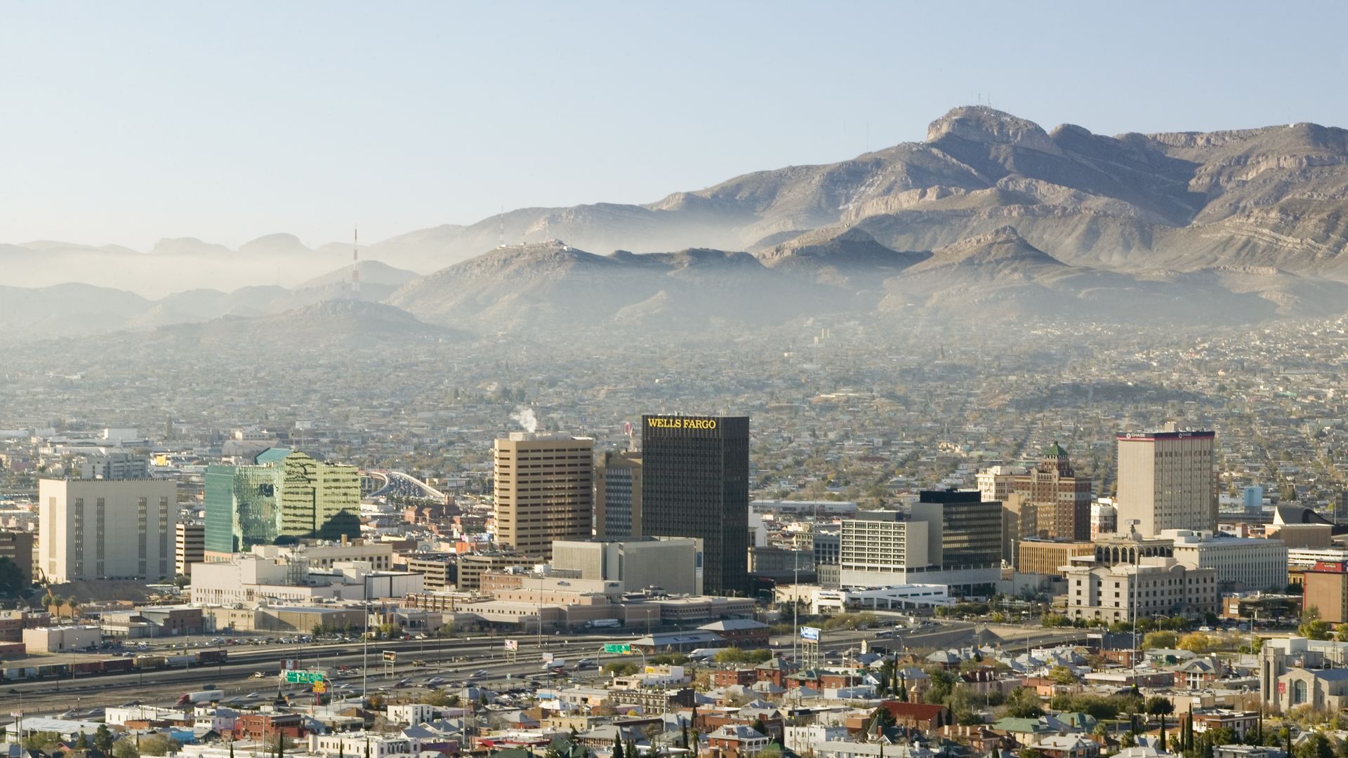 Panoramic view of skyline and downtown El Paso Texas looking toward Juarez, Mexico 
