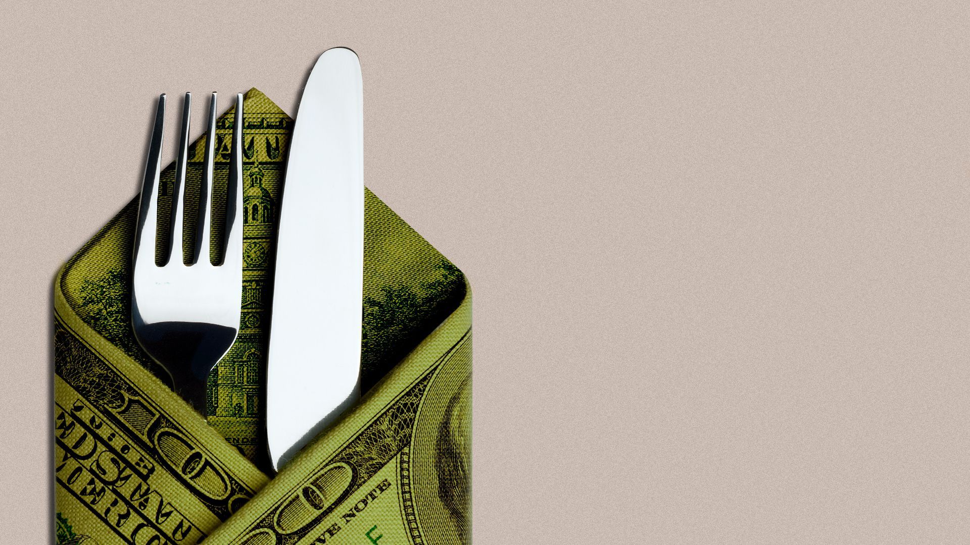 Illustration of a fork and knife folded in a napkin made of a hundred dollar bill. 