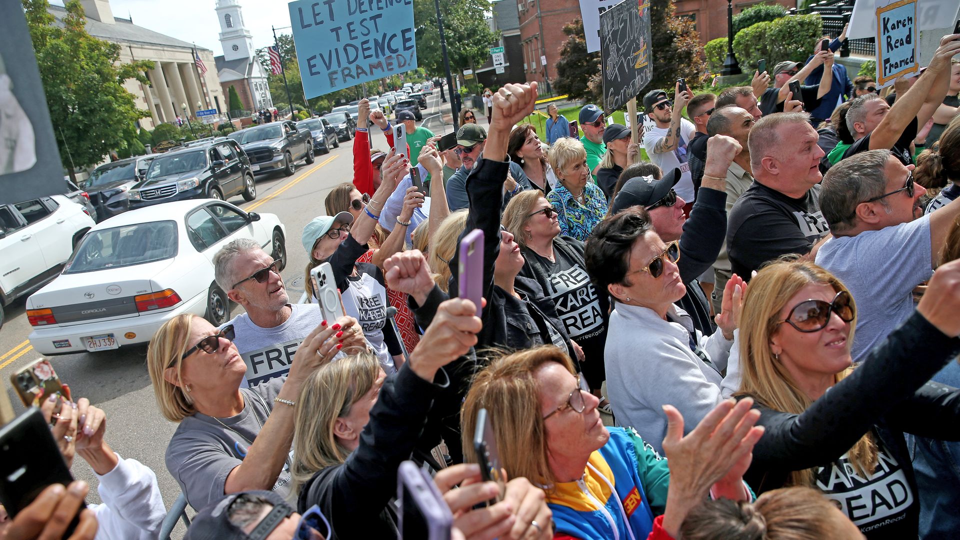 A crowd outside court