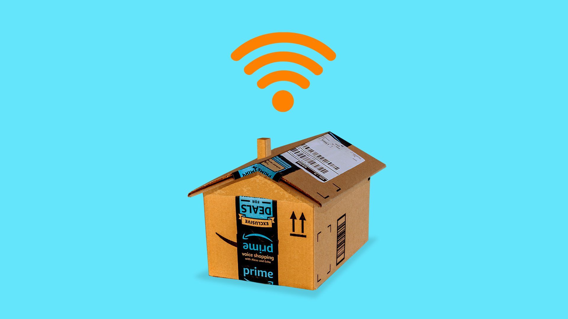 In this picture, a deconstructed Amazon delivery box is shaped into a house, and wifi signals erupt from the top of the house. 